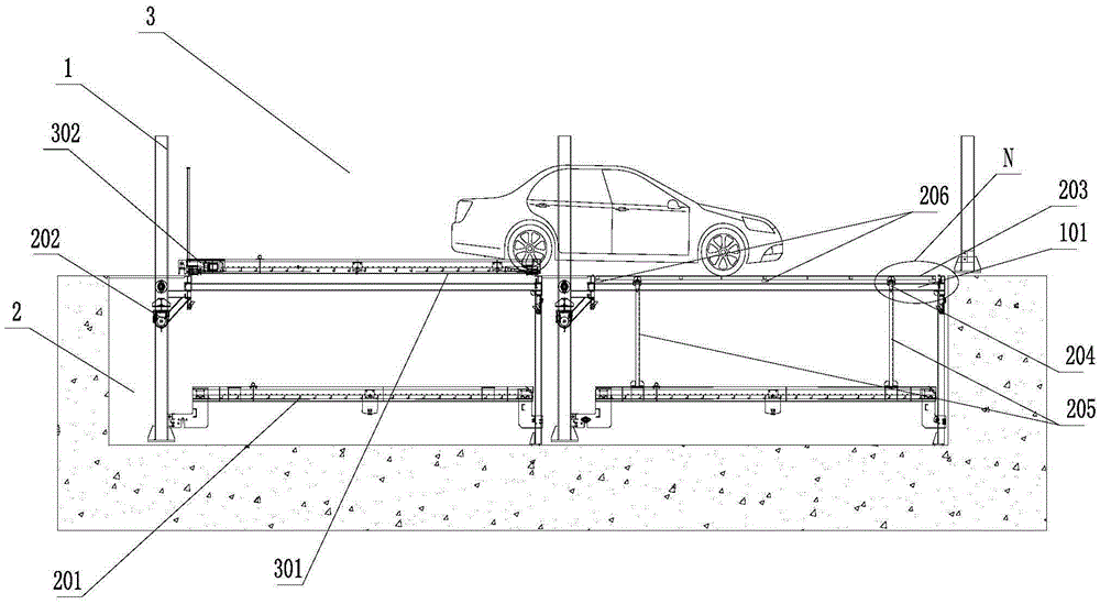 Semi-underground multiple-row lifting and transferring cubic garage