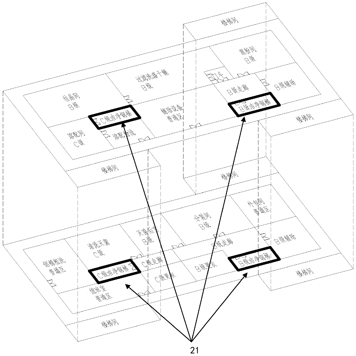 Good manufacturing practice (GMP) workshop and design method of GMP workshop human logistics dual perpendicular through layout