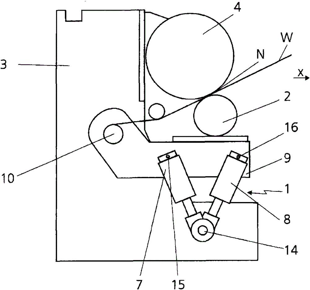 Device for exerting force on a roll of a fiber web processing machine