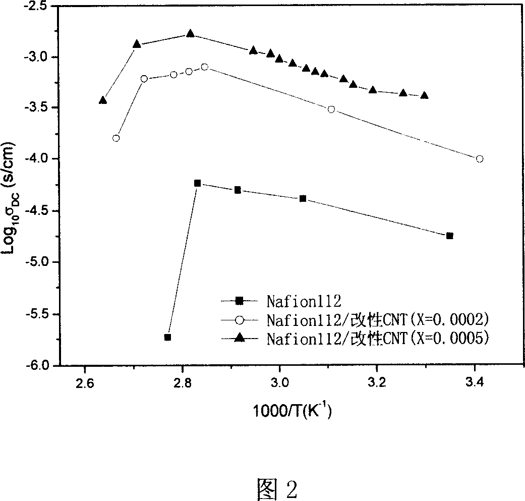 Medium temperature proton conductive mateiral basedon hydrophilic carbon nano tube and its preparing method