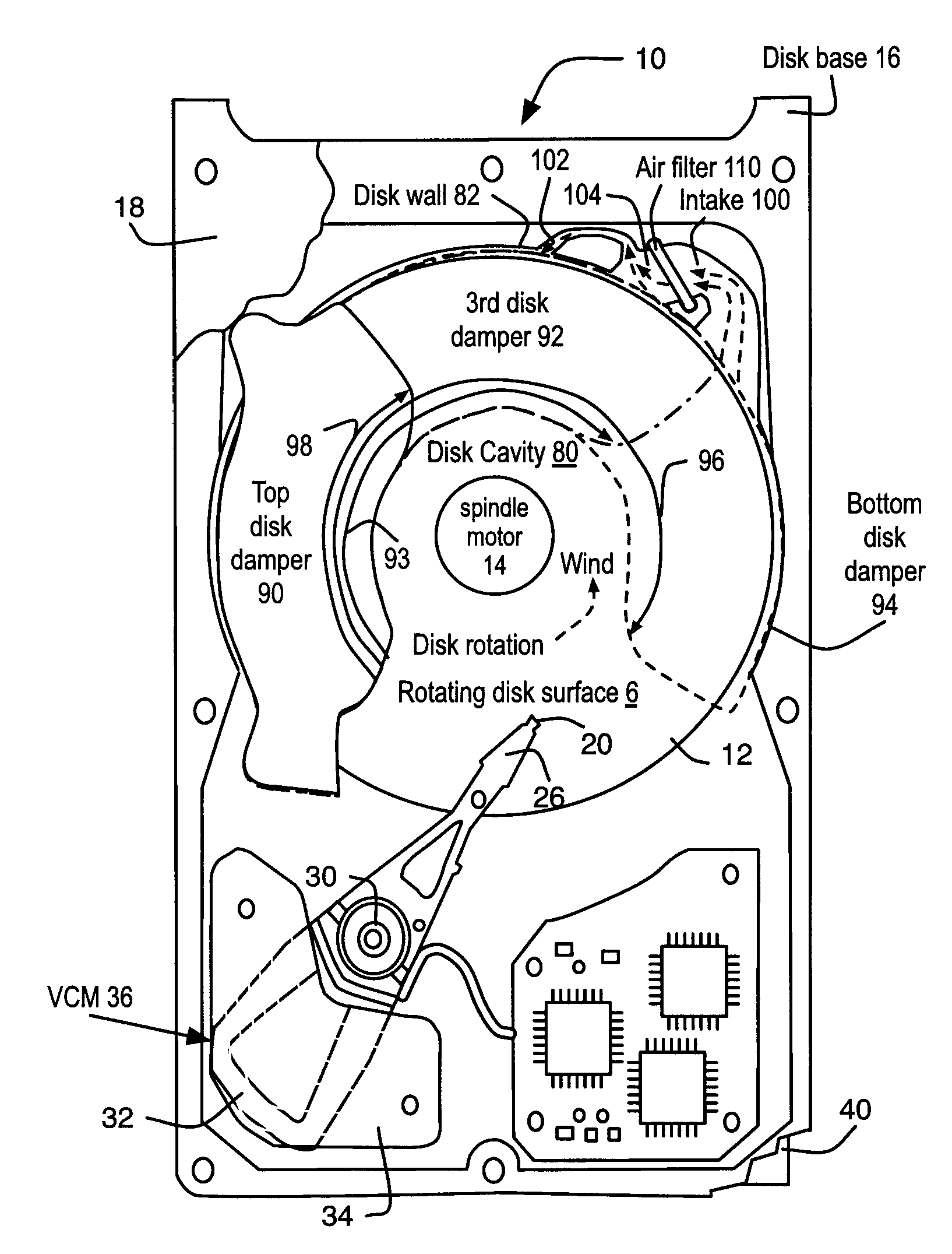 Method and apparatus for dampening and filtering air flow effects in a hard disk drive