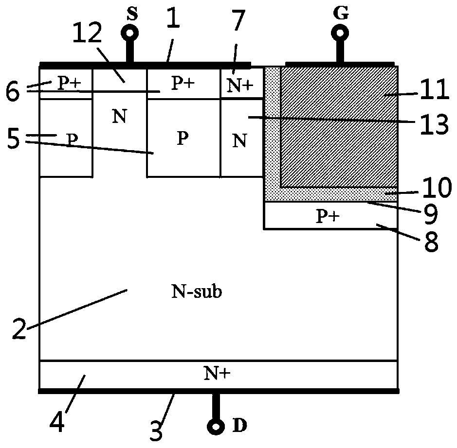 Silicon carbide MOSFET (Metal-Oxide -Semiconductor Field Effect Transistor) device capable of integrating with high-speed reverse free-wheeling diode