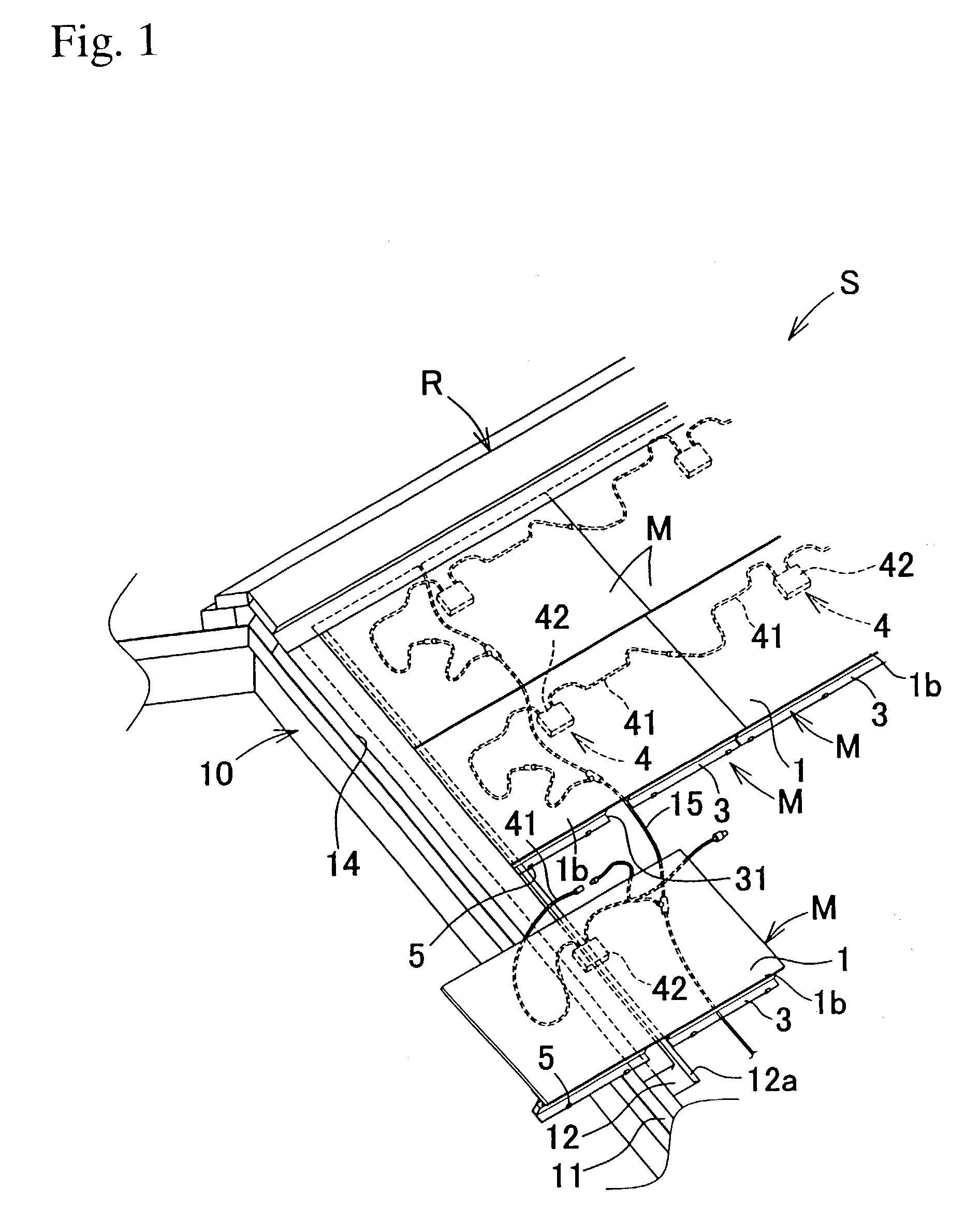 Solar battery module, installation structure for solar battery module, roof with power generating function of the installation structure, and method of installing solar battery module