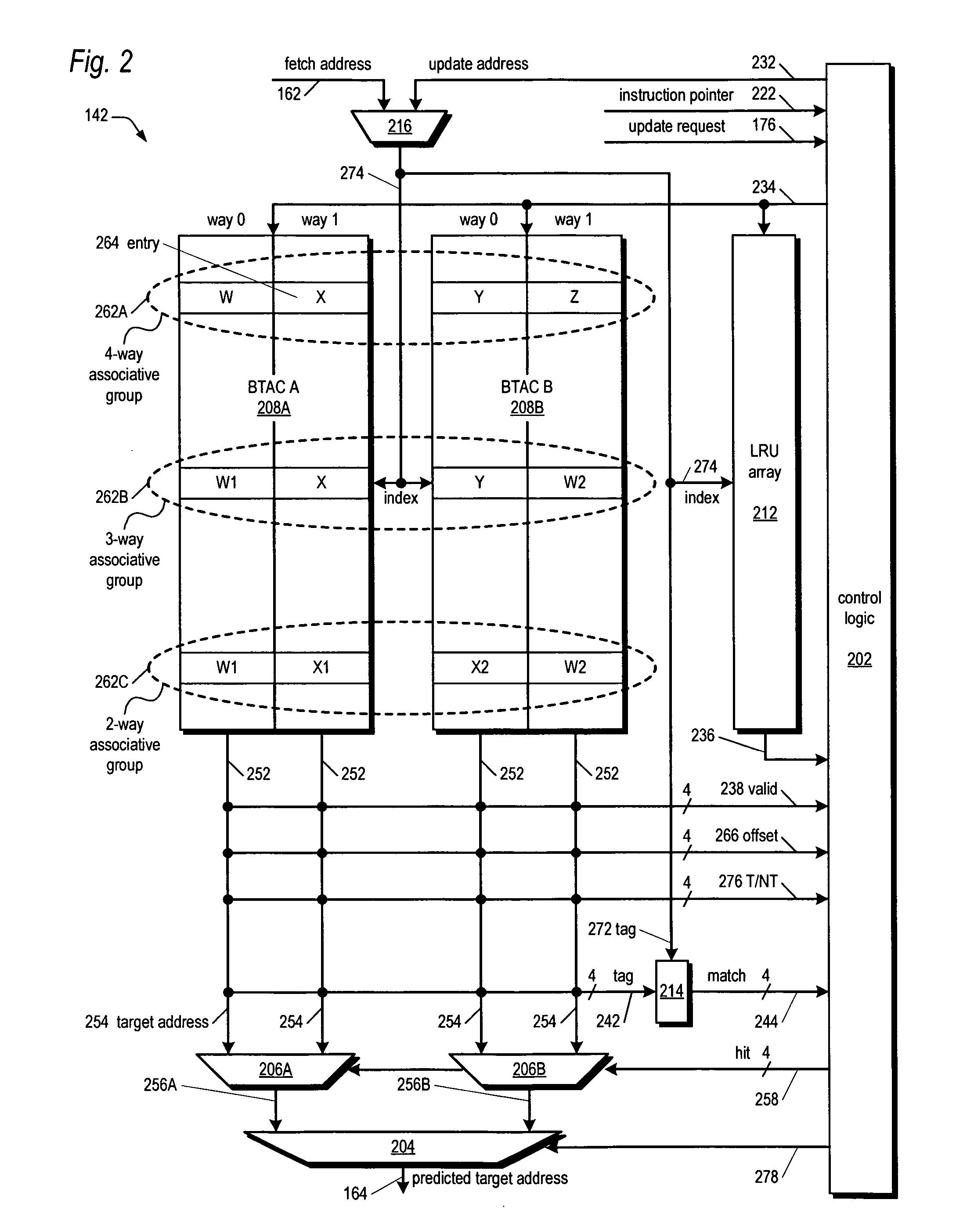 Variable group associativity branch target address cache delivering multiple target addresses per cache line