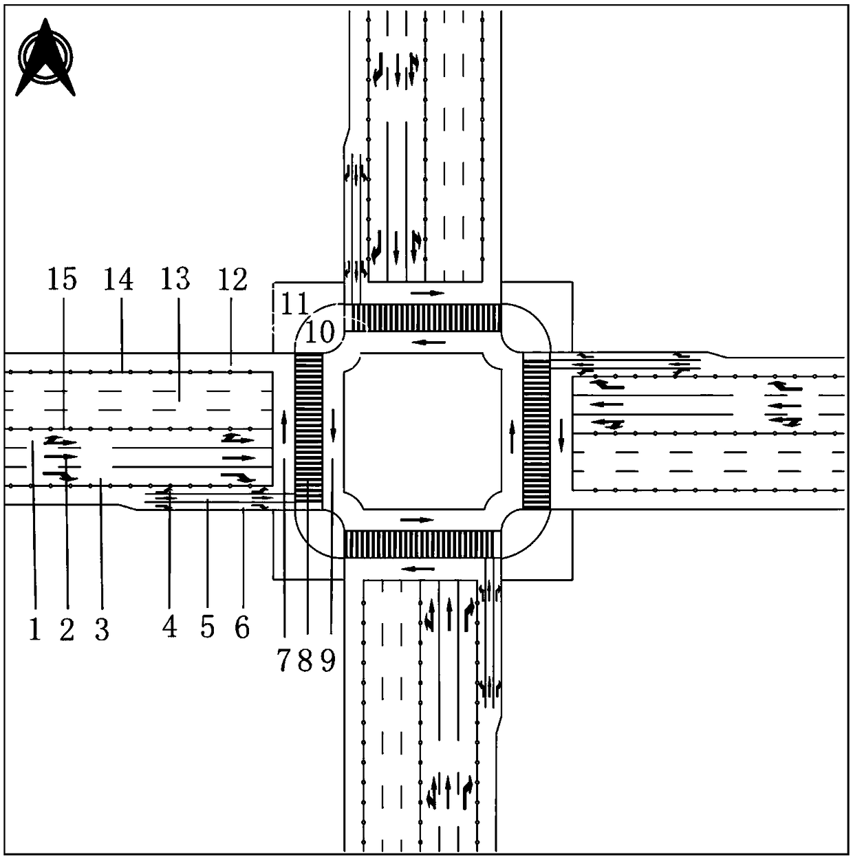 Intersection channelization and signal control method of four-phase clockwise passage enabling pattern