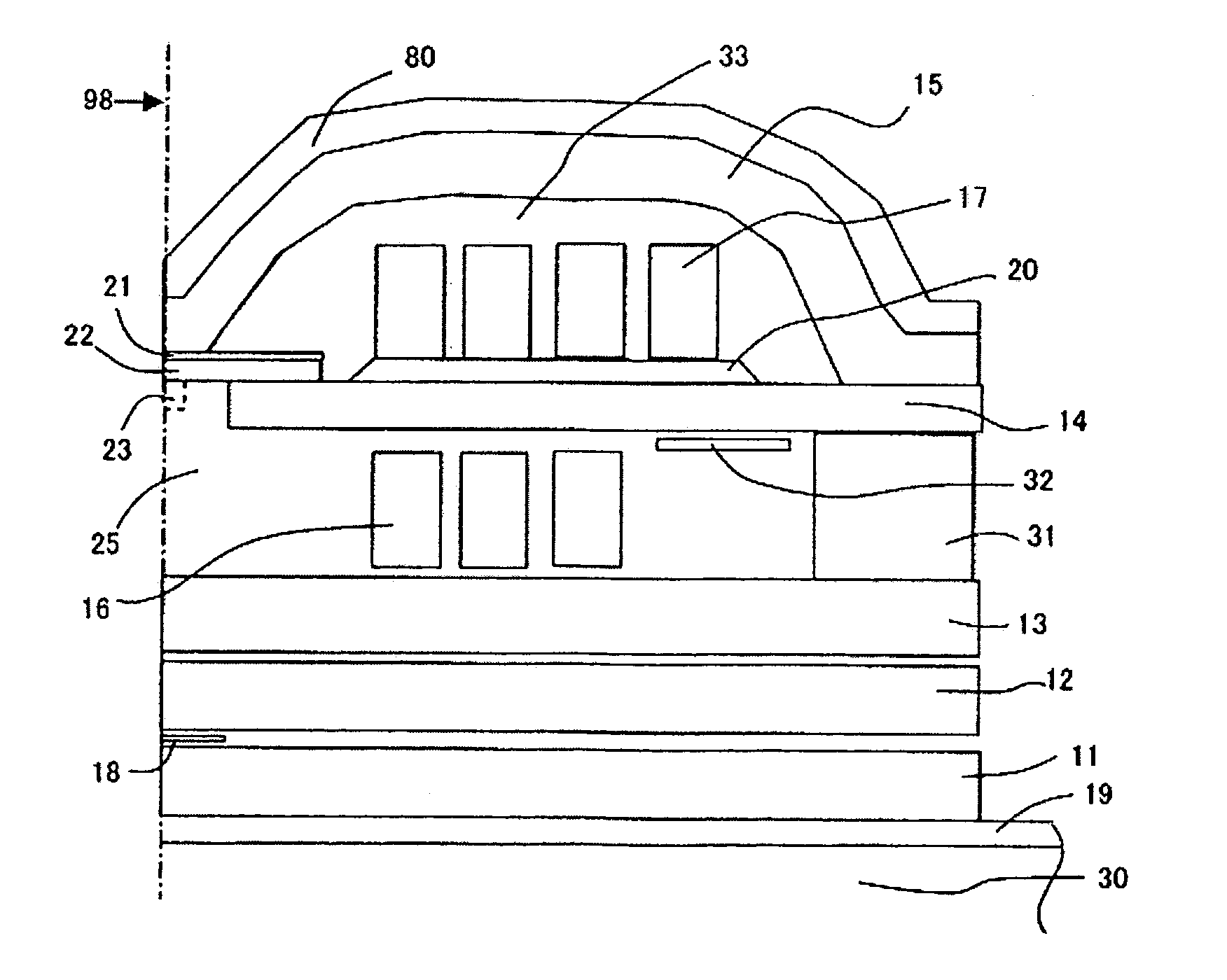 Perpendicular head with the shield which approaches through the continuous non-magnetic film to the flare point of the main pole