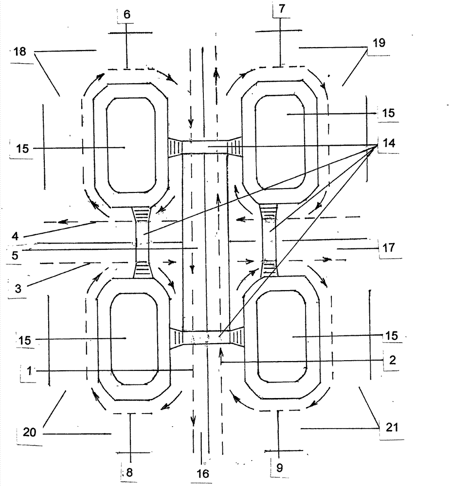 Traffic channel design for passing motor vehicles through intersection in no need of crosswise running