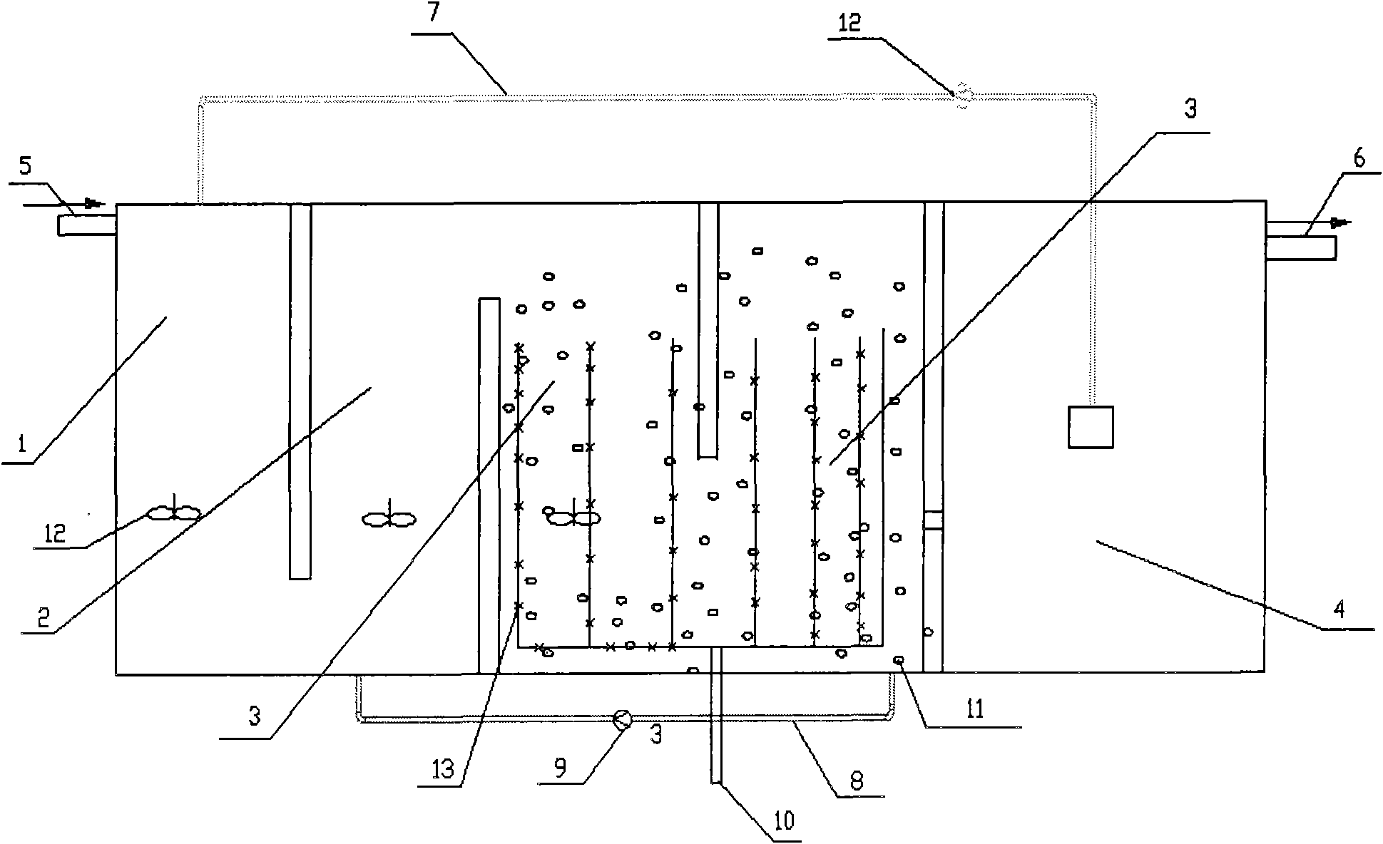 Mixed municipal sewage and fecal sewage A2/O-biomembrane nitrogen and phosphorus synchronous removing device and method thereof