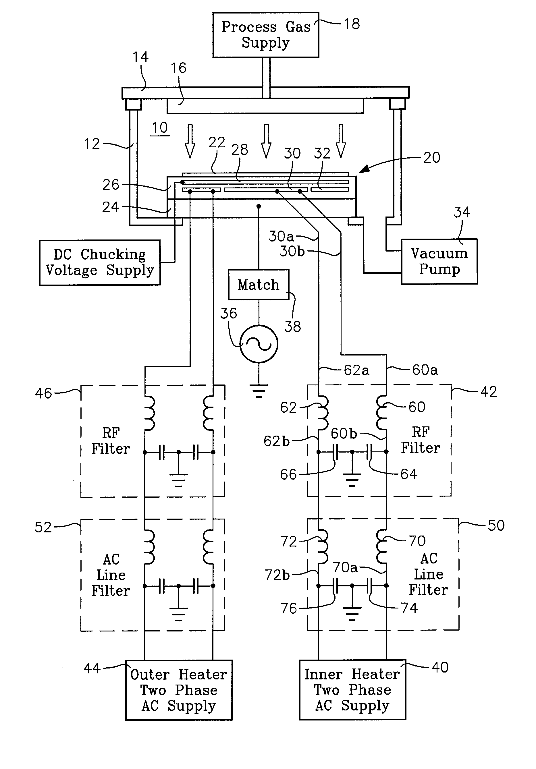 High AC current high RF power AC-RF decoupling filter for plasma reactor heated electrostatic chuck