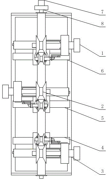 High voltage line patrol robot with single motor to control movement of three arms