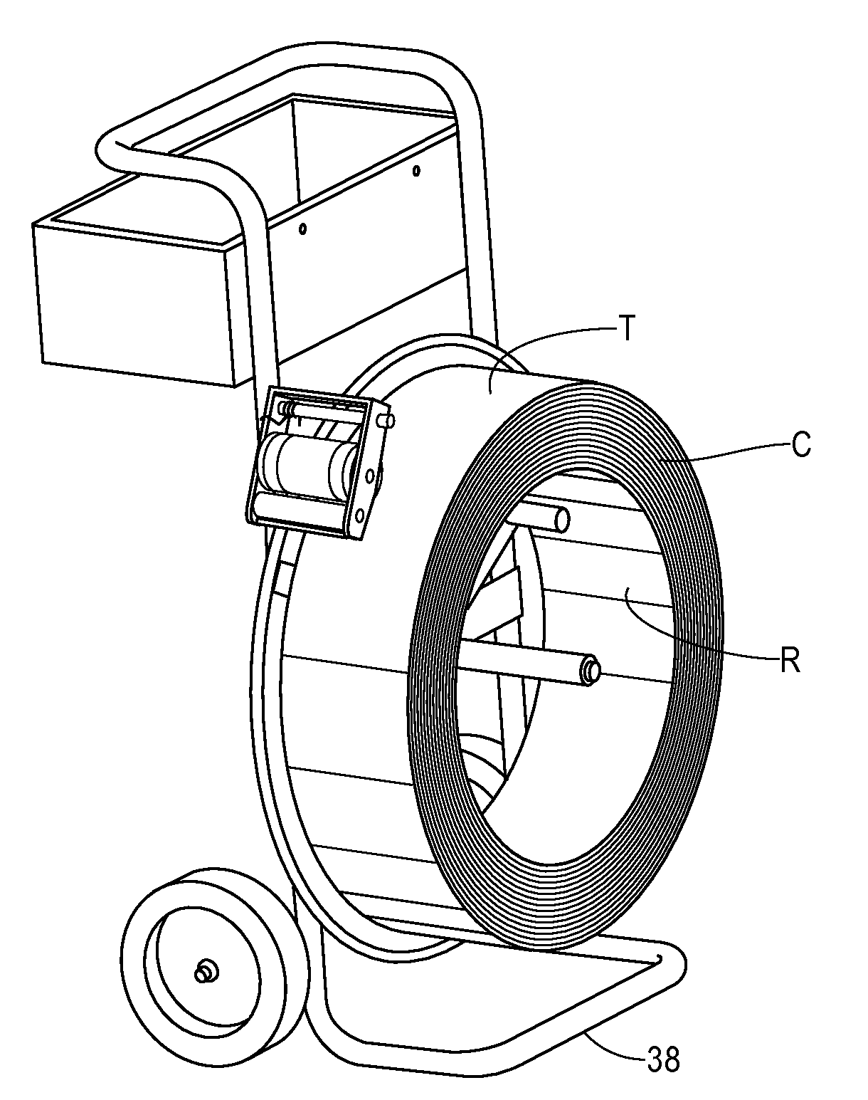 Cart type strap dispenser with improved strap brake/payout assembly