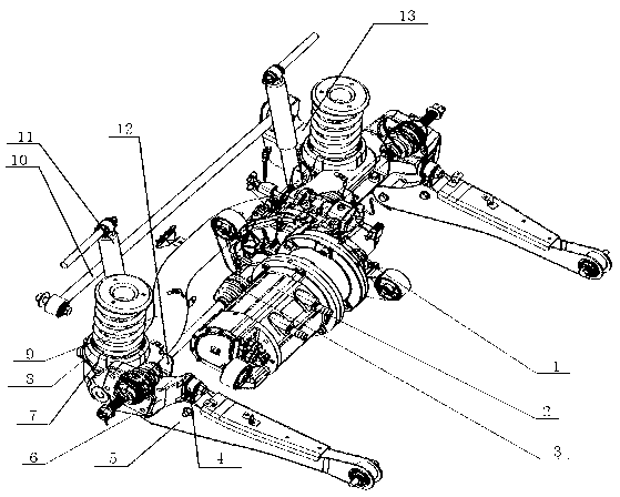 Rear-arranged rear-drive type three connection rod rear suspension frame rear axle structure for motor