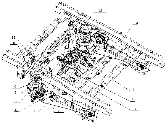 Rear-arranged rear-drive type three connection rod rear suspension frame rear axle structure for motor