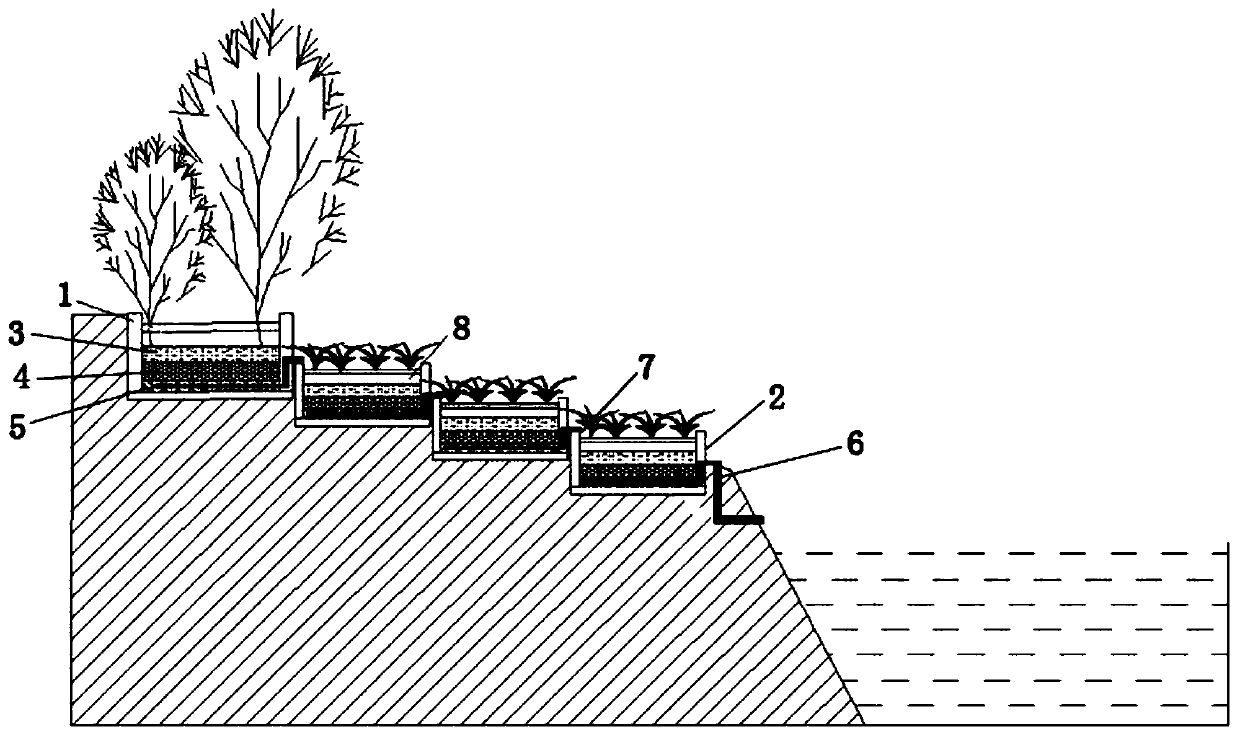 Combined cascade purification system for ecological tree pools and biological detention pools on river and lake bank slopes