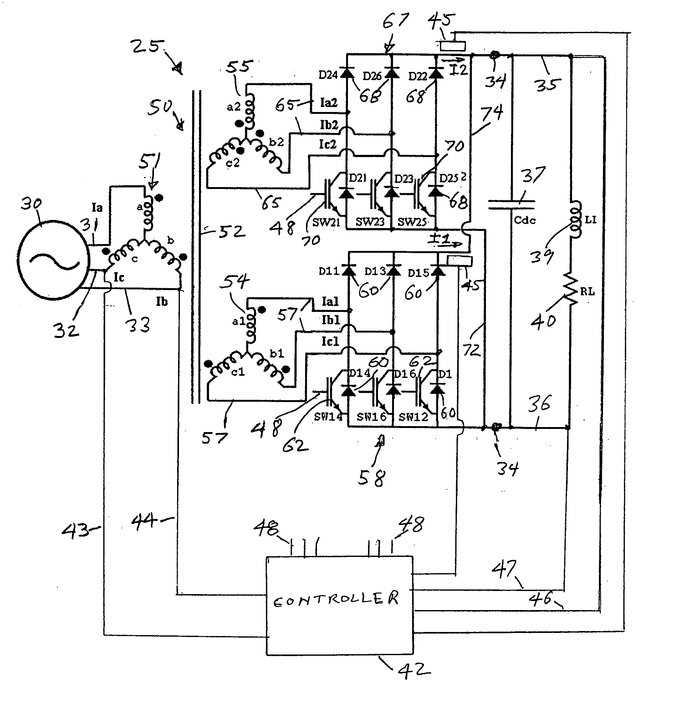 Boost rectifier with half-power rated semiconductor devices