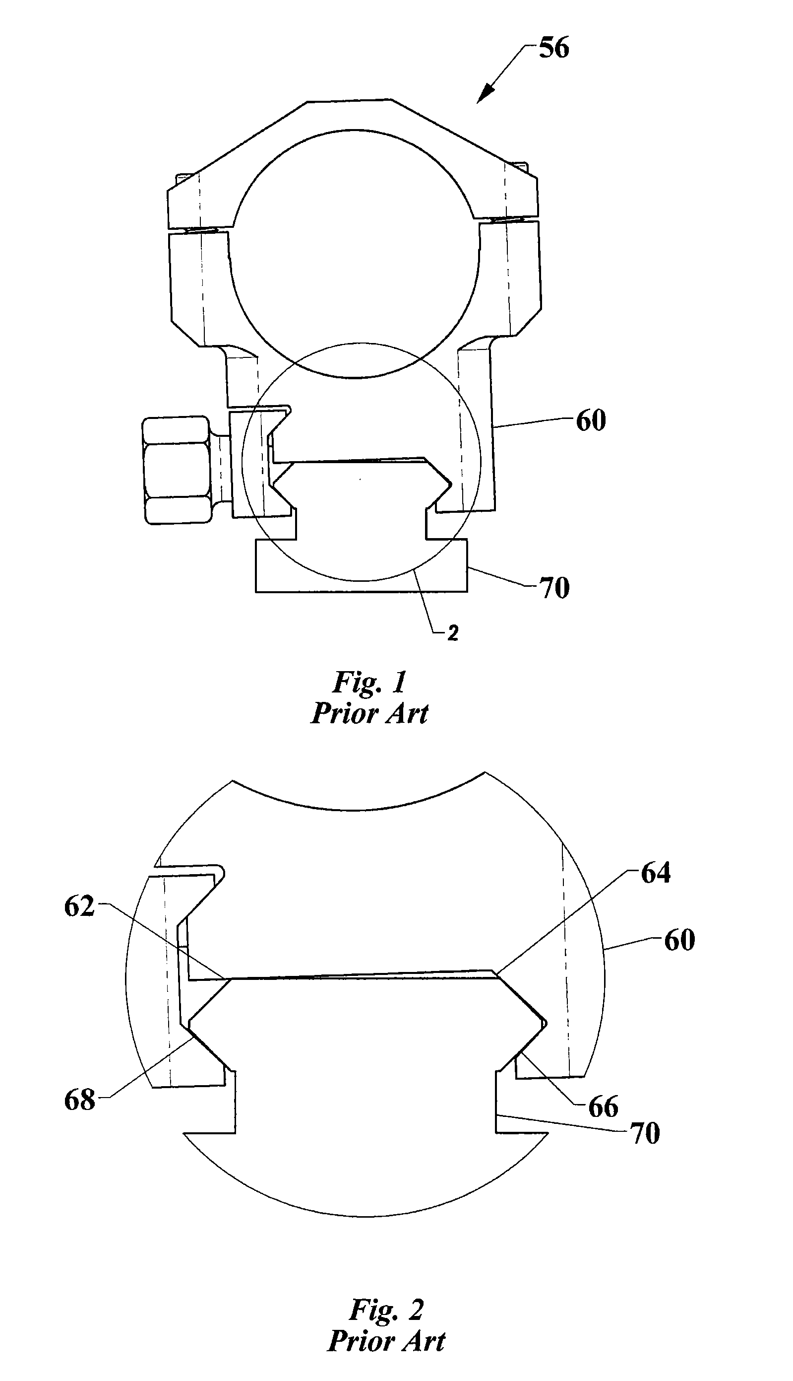 Mounting clamps for coupling scopes to mounting rails of firearms