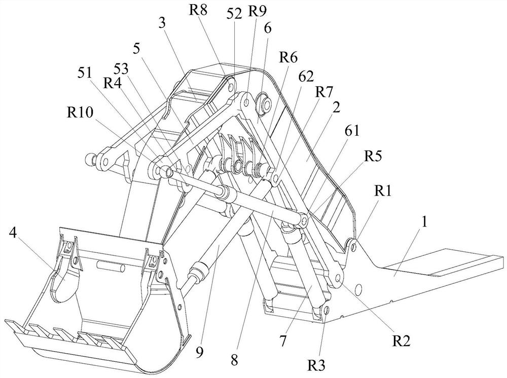 Carrying and loading mechanism for increased boom and arm travel and arm drive force