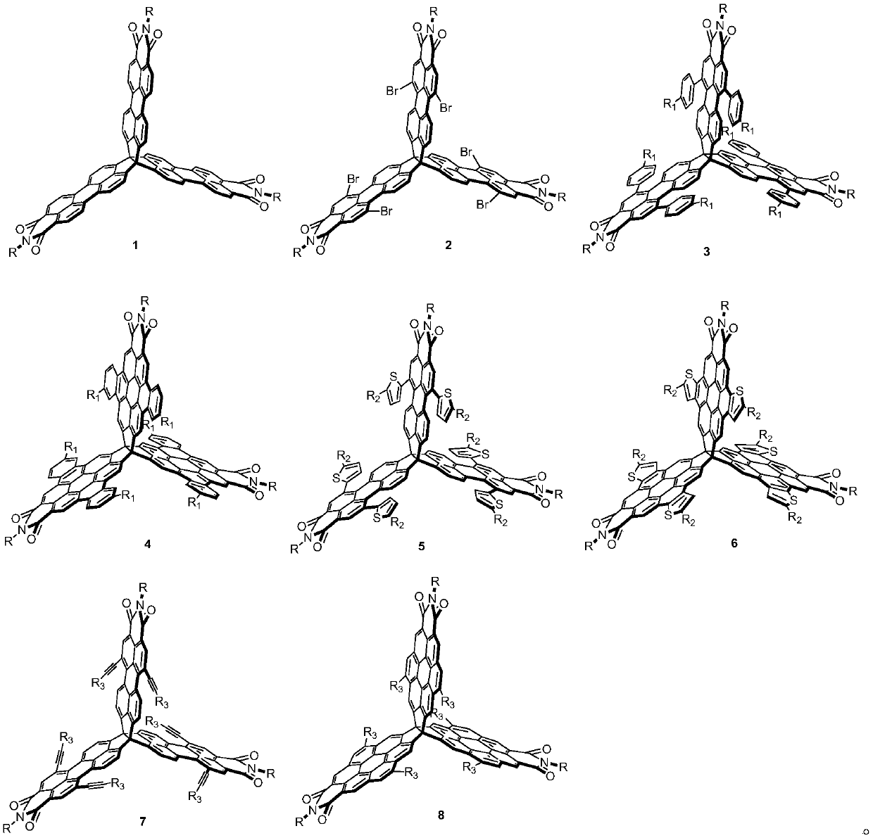 Propellane derivatives based on perylene bisimide C3 symmetry, and synthesis and application thereof