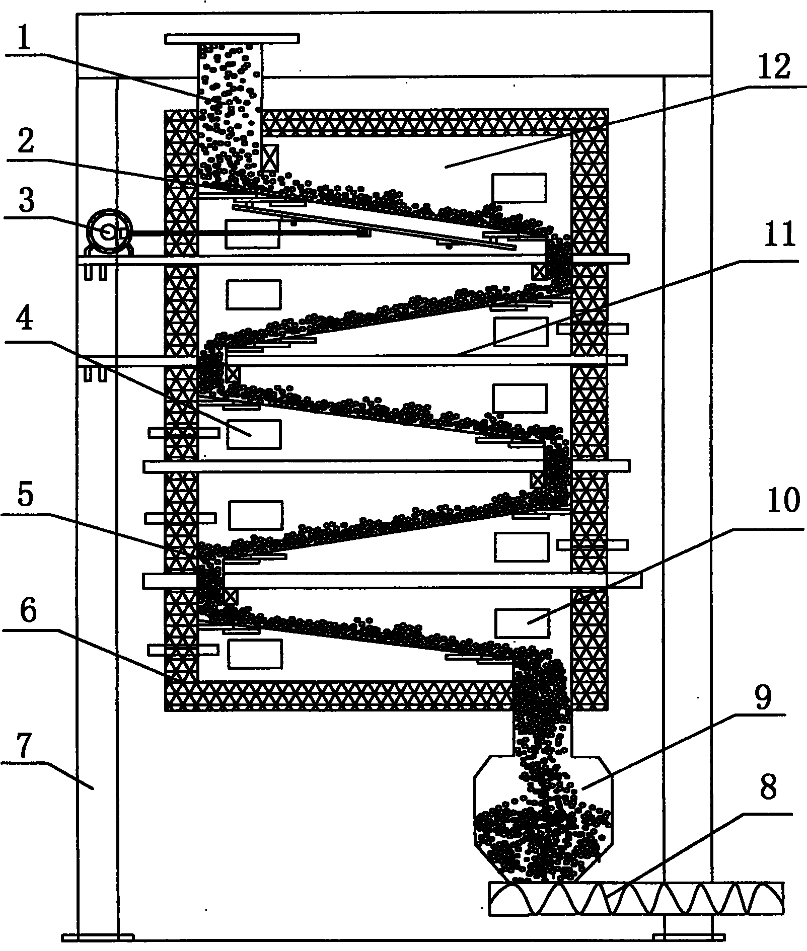 Lignite drying and carbonization quality-improving tower with reciprocating and turning-back rolling bed