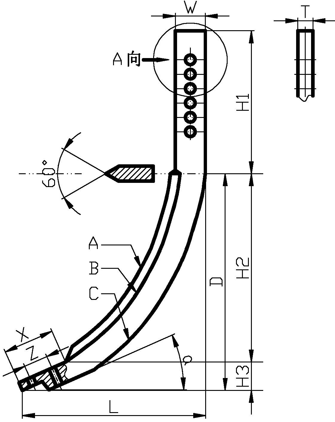 Exponential function curve type bionic drag reduction subsoiling shovel handle