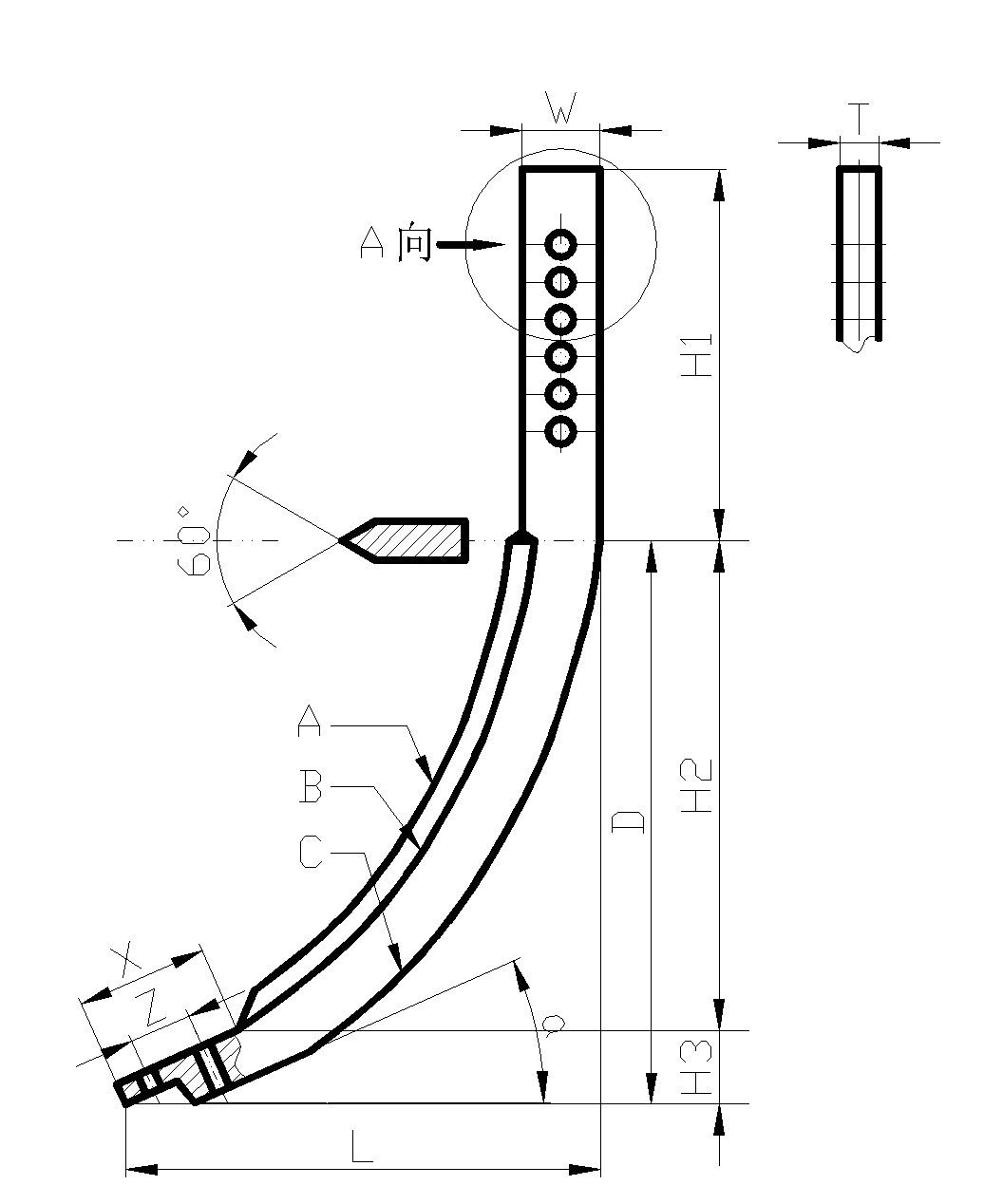 Exponential function curve type bionic drag reduction subsoiling shovel handle