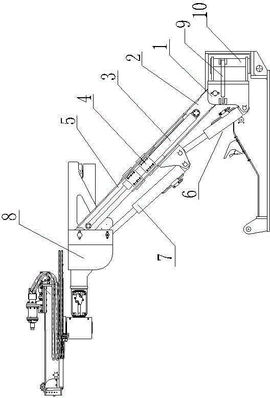 Drilling boom device of two-boom hydraulic rock bolt drilling carriage