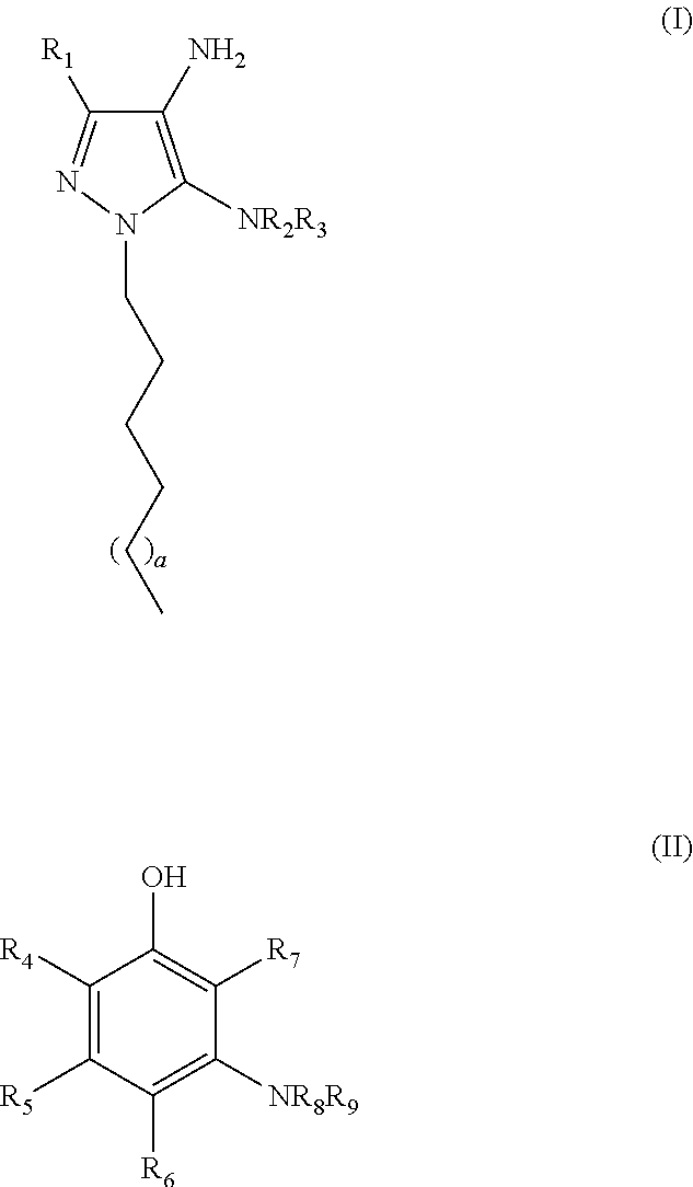 Oxidative dyeing compositions comprising an 1-hexyl/heptyl-4,5-diaminopyrazole and a m-aminophenol and derivatives thereof