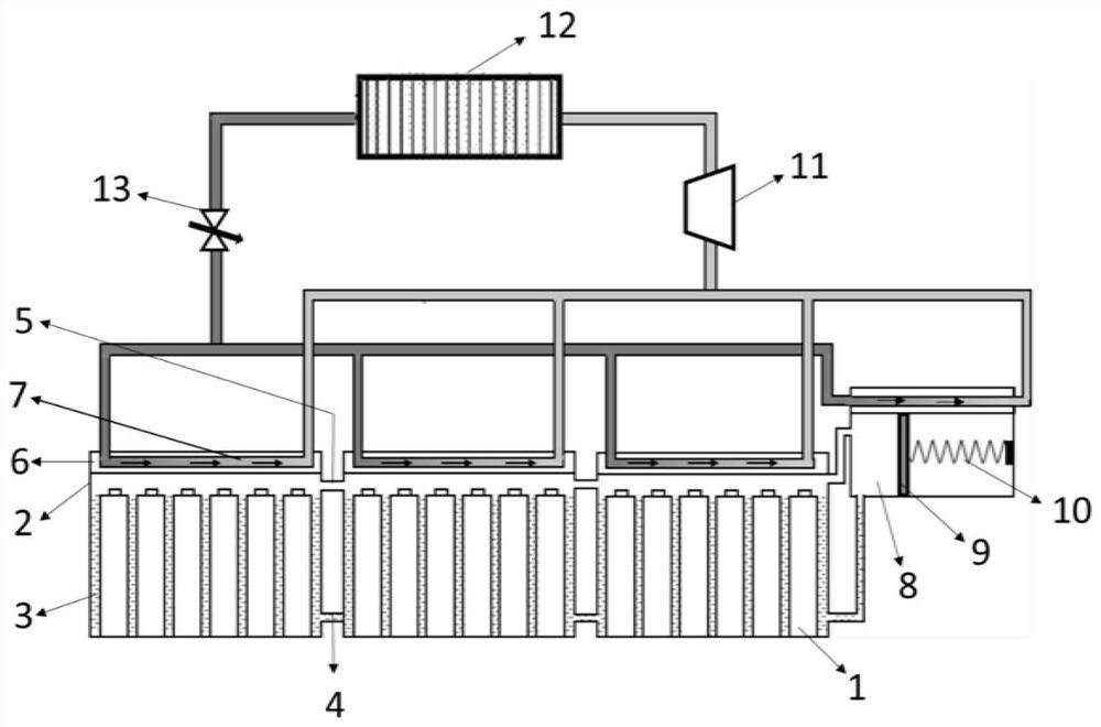 Two-phase immersed battery liquid cooling system with multiple modules sharing one constant-pressure device