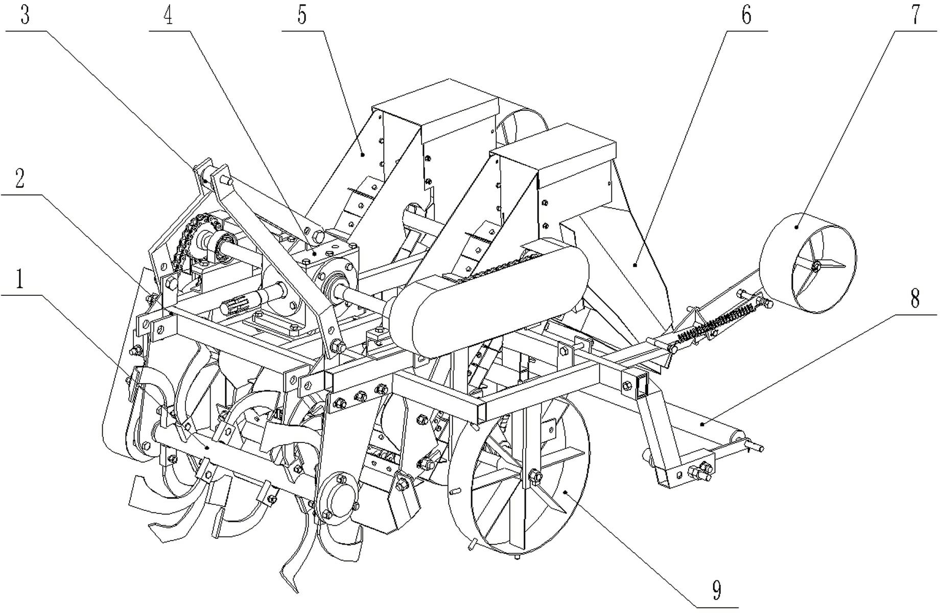 Rotary tilling and ridging and crawler conveying type whole plastic soil covering machine