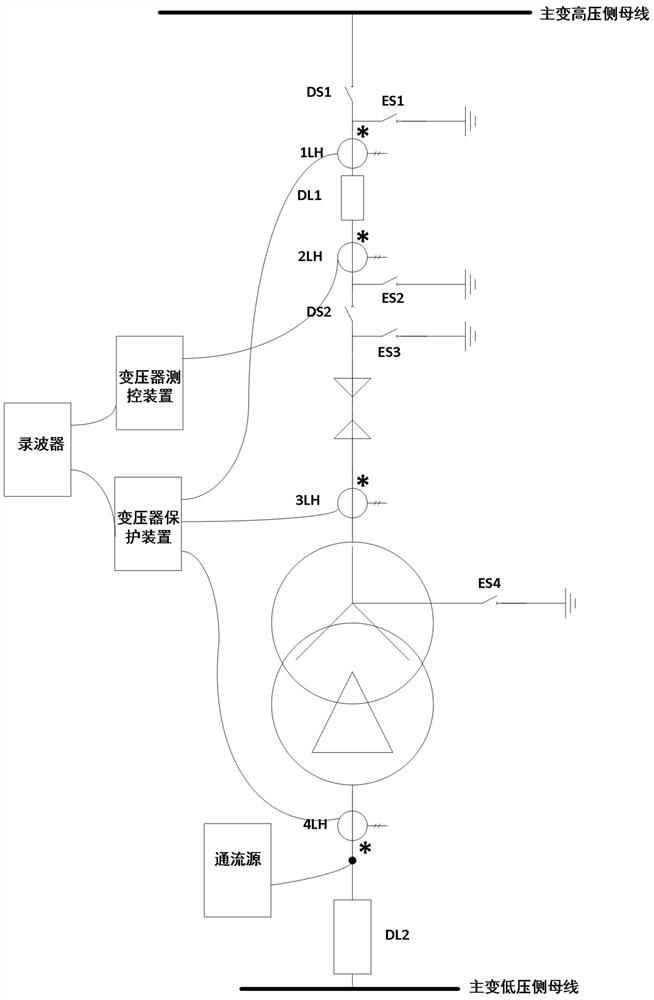 Transformer system current phasor test system and method based on low frequency excitation response