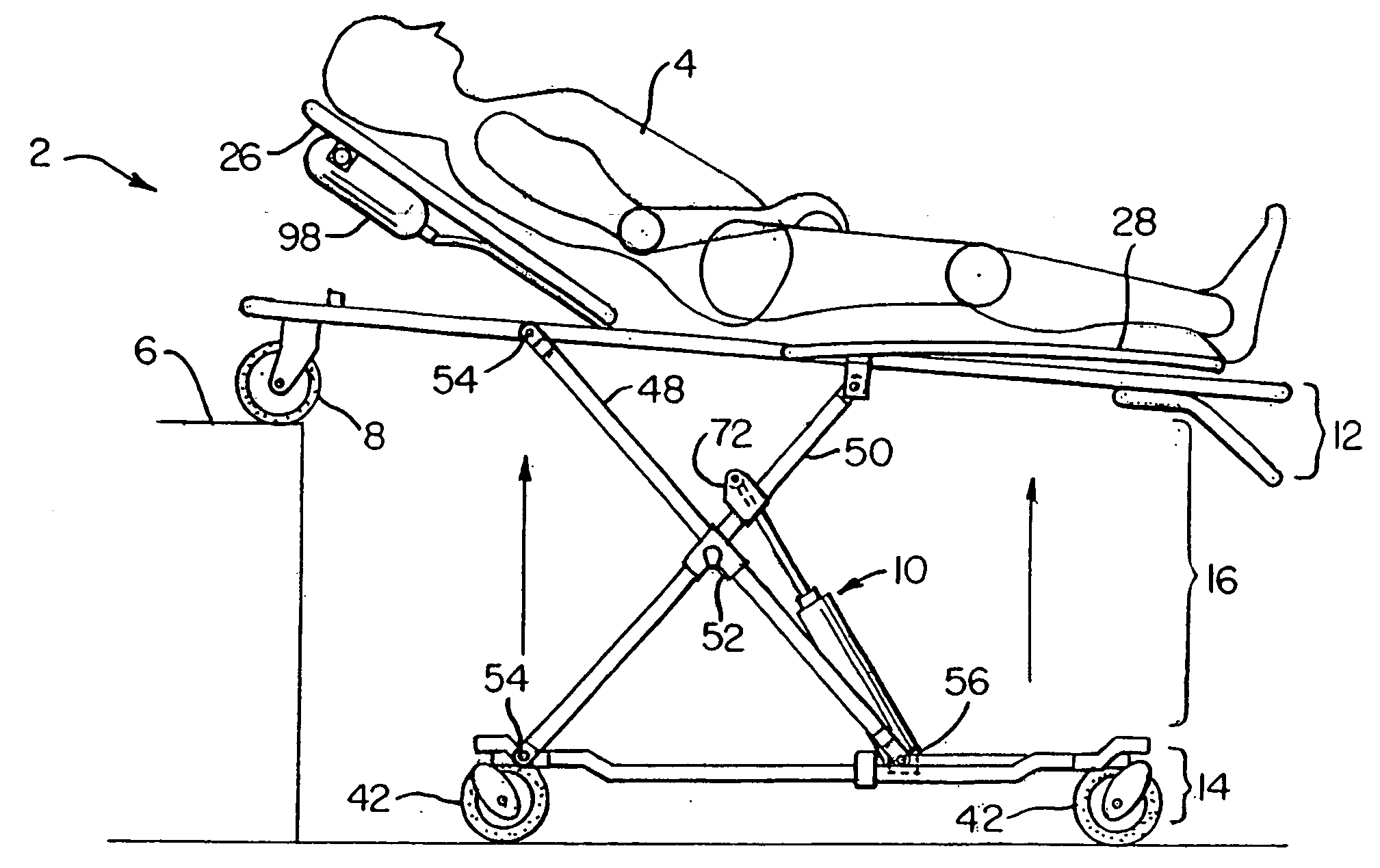 Pneumatically powered lift ambulance cot