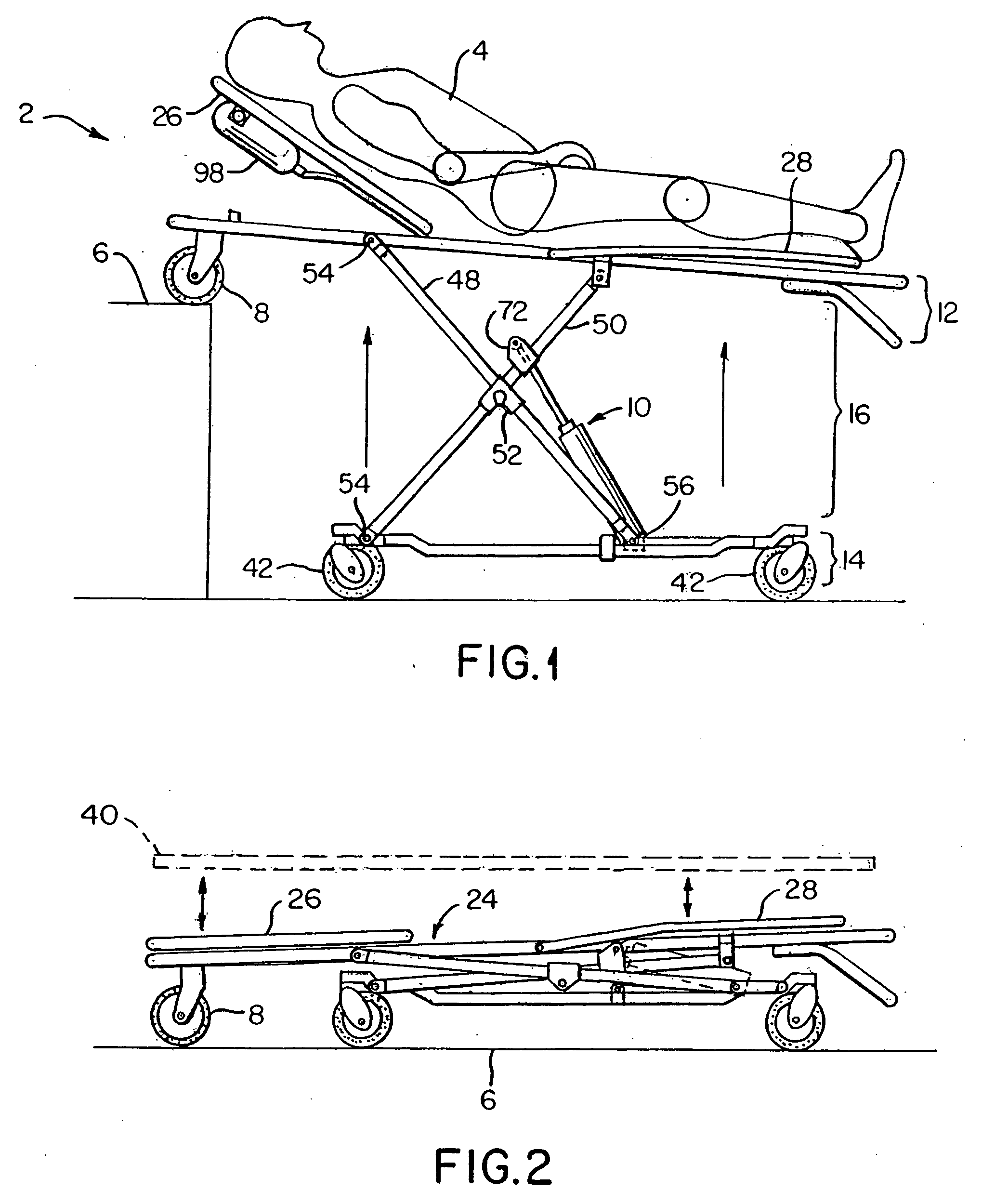 Pneumatically powered lift ambulance cot