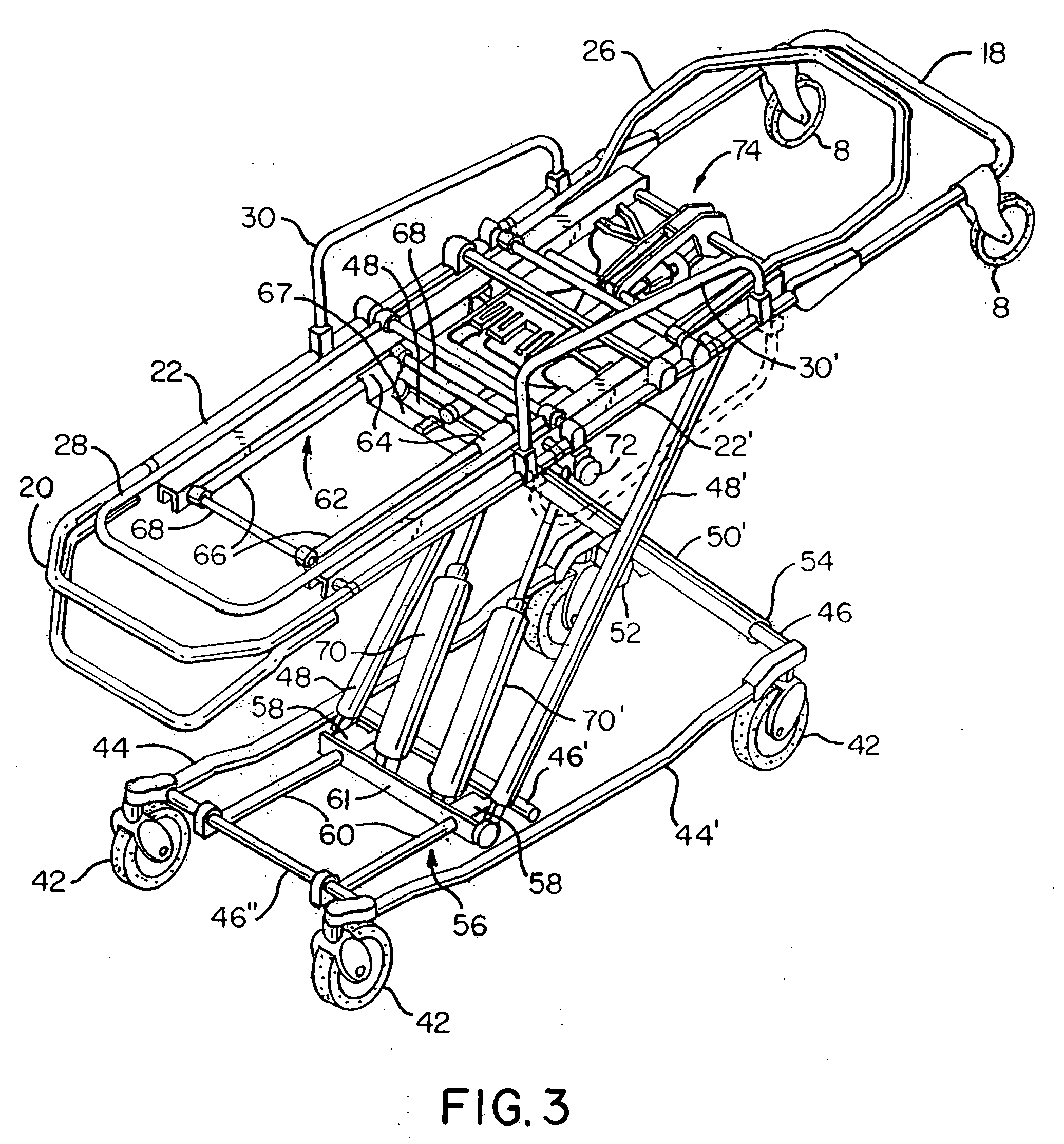 Pneumatically powered lift ambulance cot