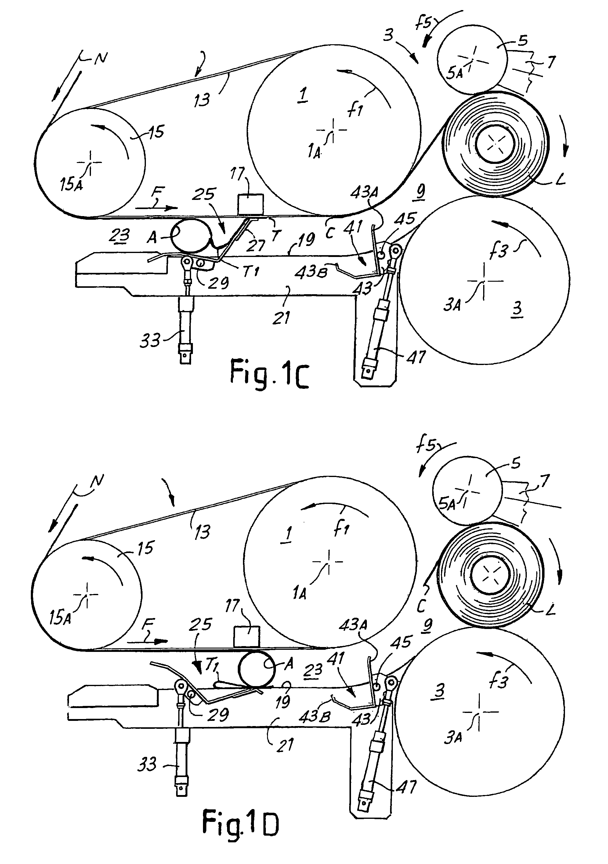 Method and machine for forming logs of web material, with a mechanical device for forming the initial turn of the logs