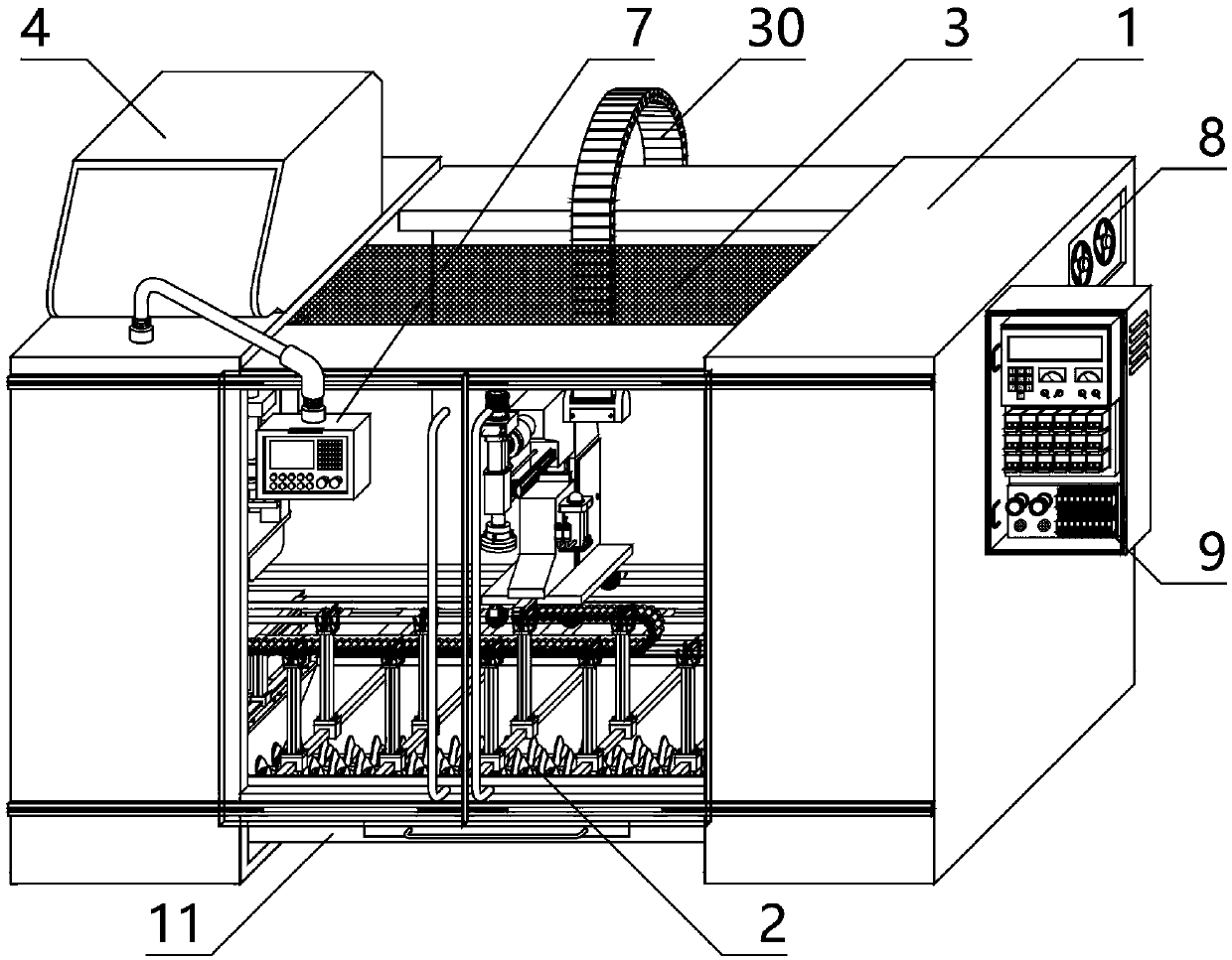 Four-axis linkage type computer numerical control machining center and working method thereof