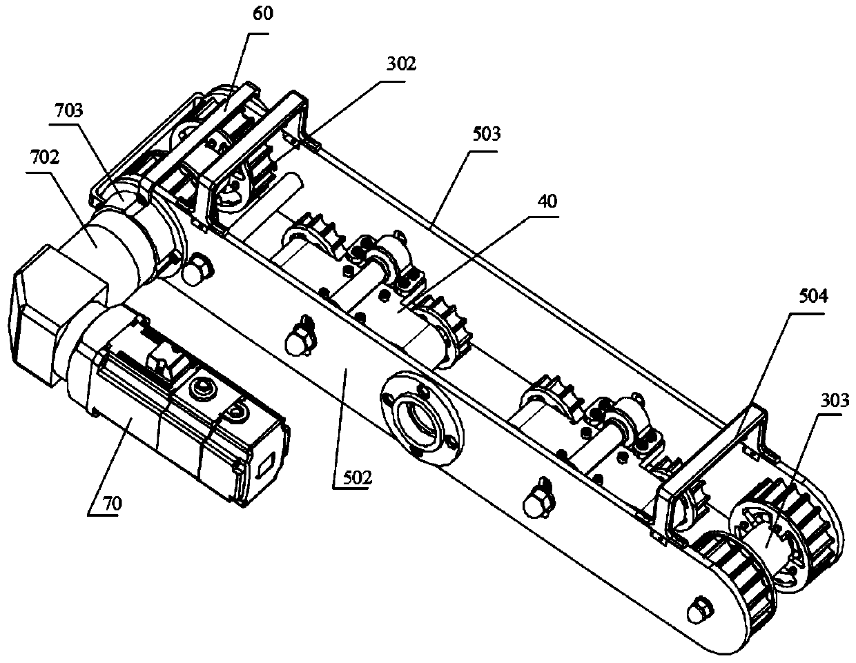 Wall climbing crawler belt travelling module with variable camber adaptive ability