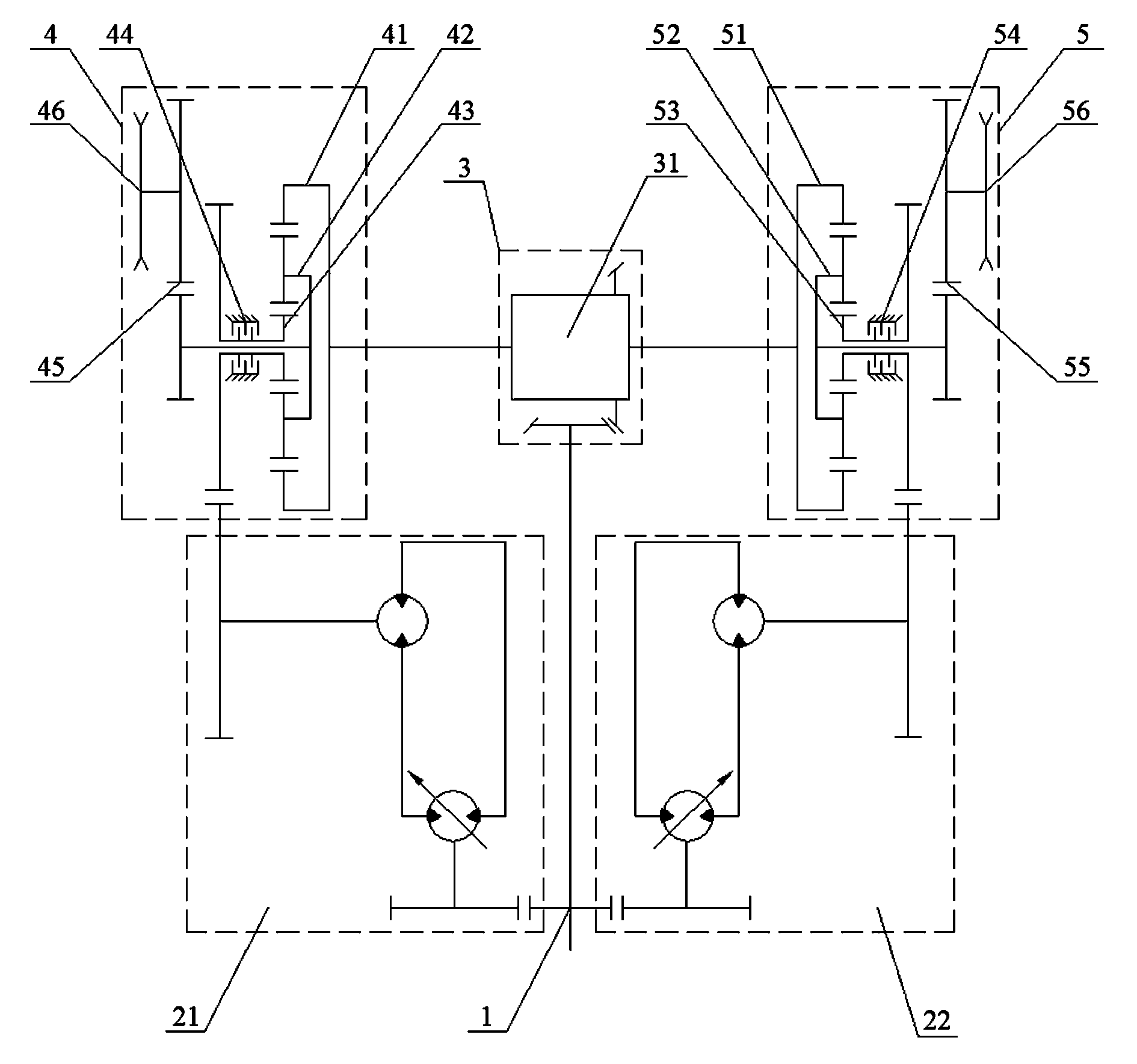 Hydraulic mechanical double-flow transmission device for slide moving steering type vehicle