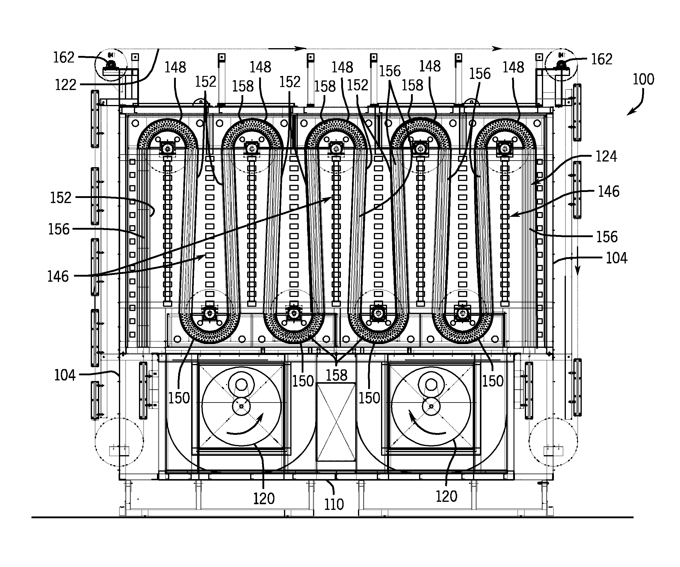 Pin oven with a continuous U-shaped duct