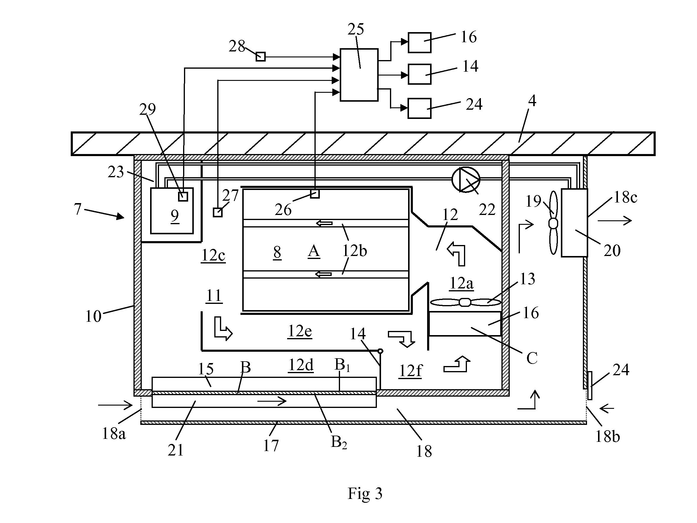 Cooling arrangement for at least one battery in a vehicle