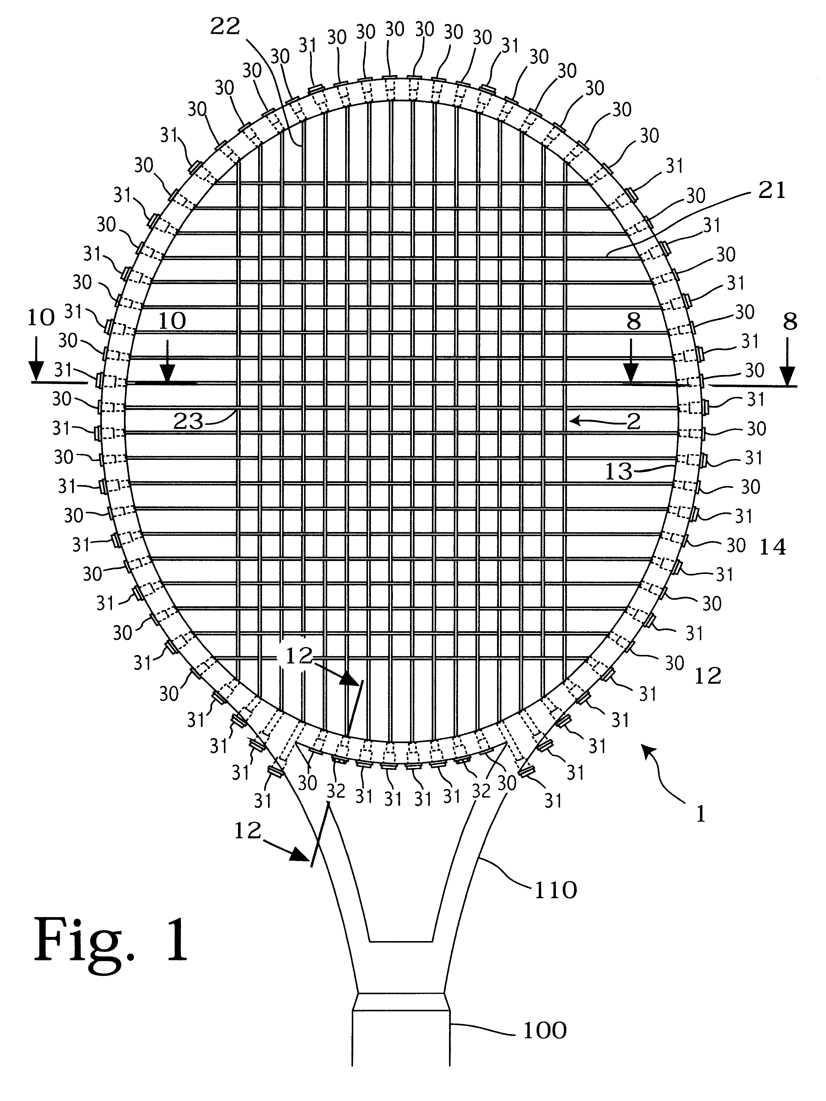 Interlocking string network for sports rackets