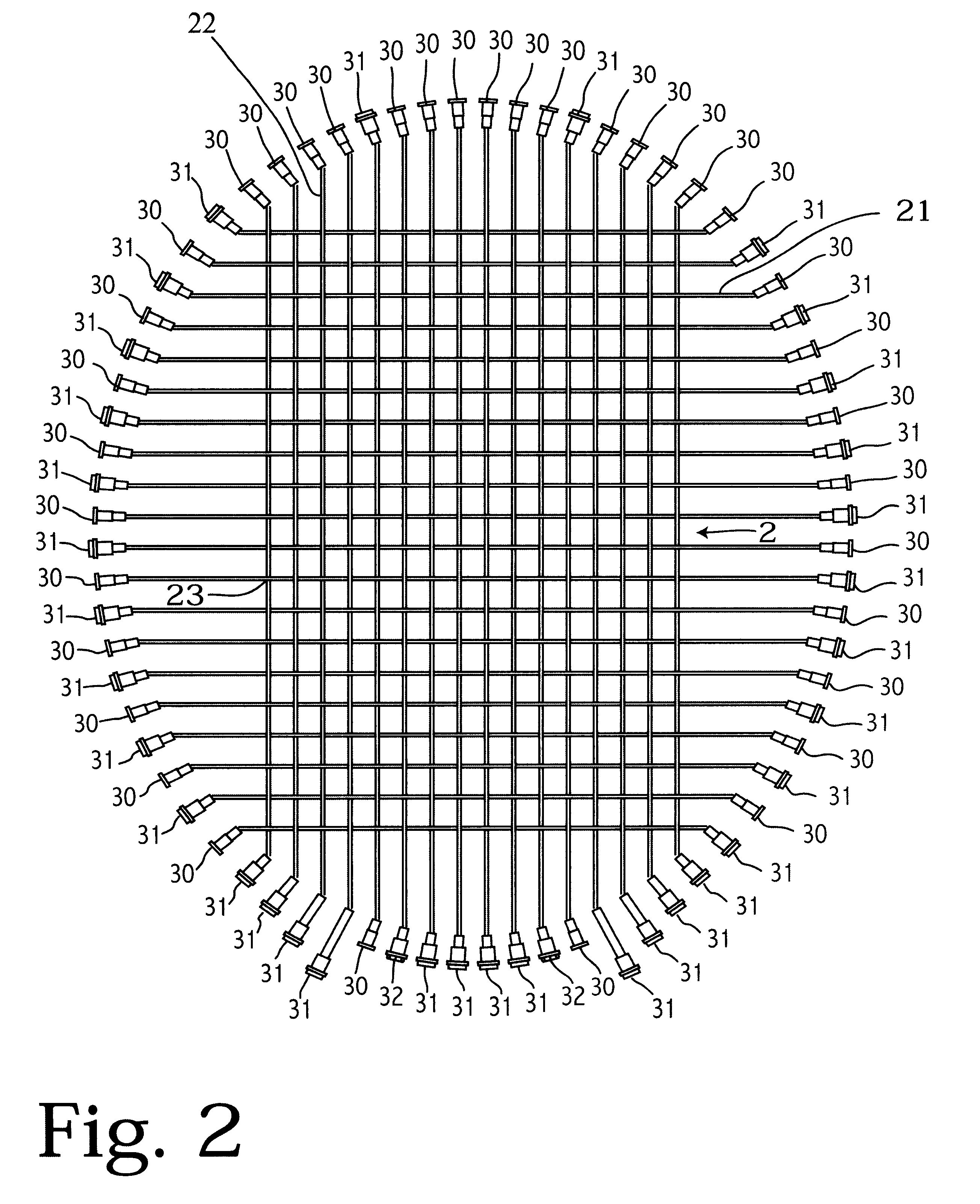 Interlocking string network for sports rackets