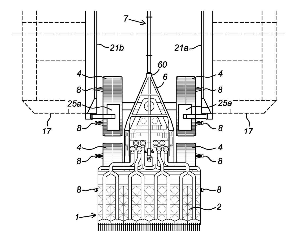 Device for launching a subsurface mining vehicle into a water mass and recovering the same from the water mass