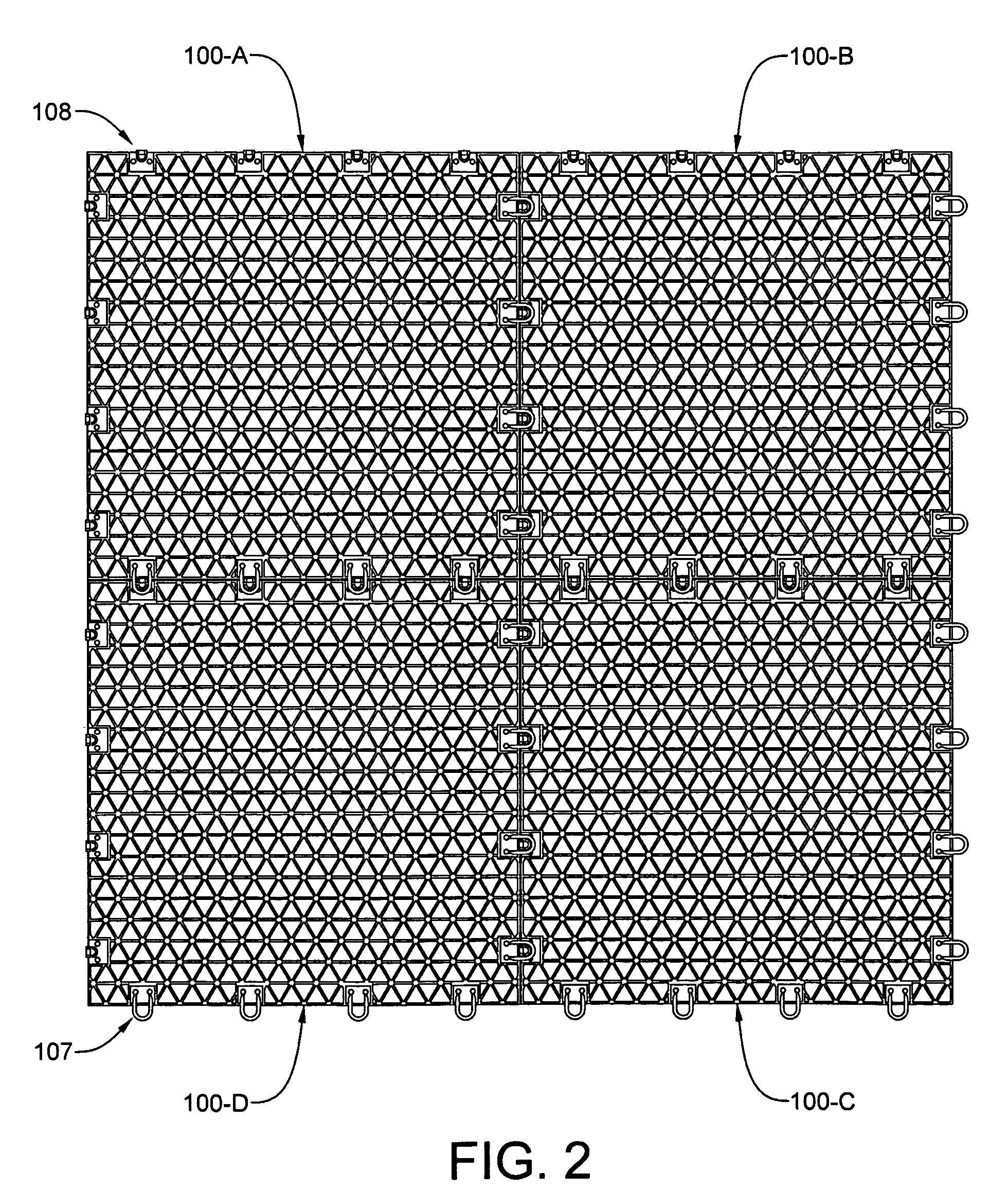 Floating floor assembled from an array of interconnected subunits, each of which includes a stone, ceramic, or porcelain tile bonded to an injection molded polyolefin substrate