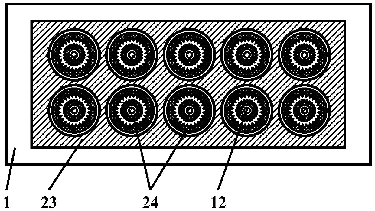 A luminescent display with staggered relative angular arc torus cathode tri-curved trunk bend gated structure