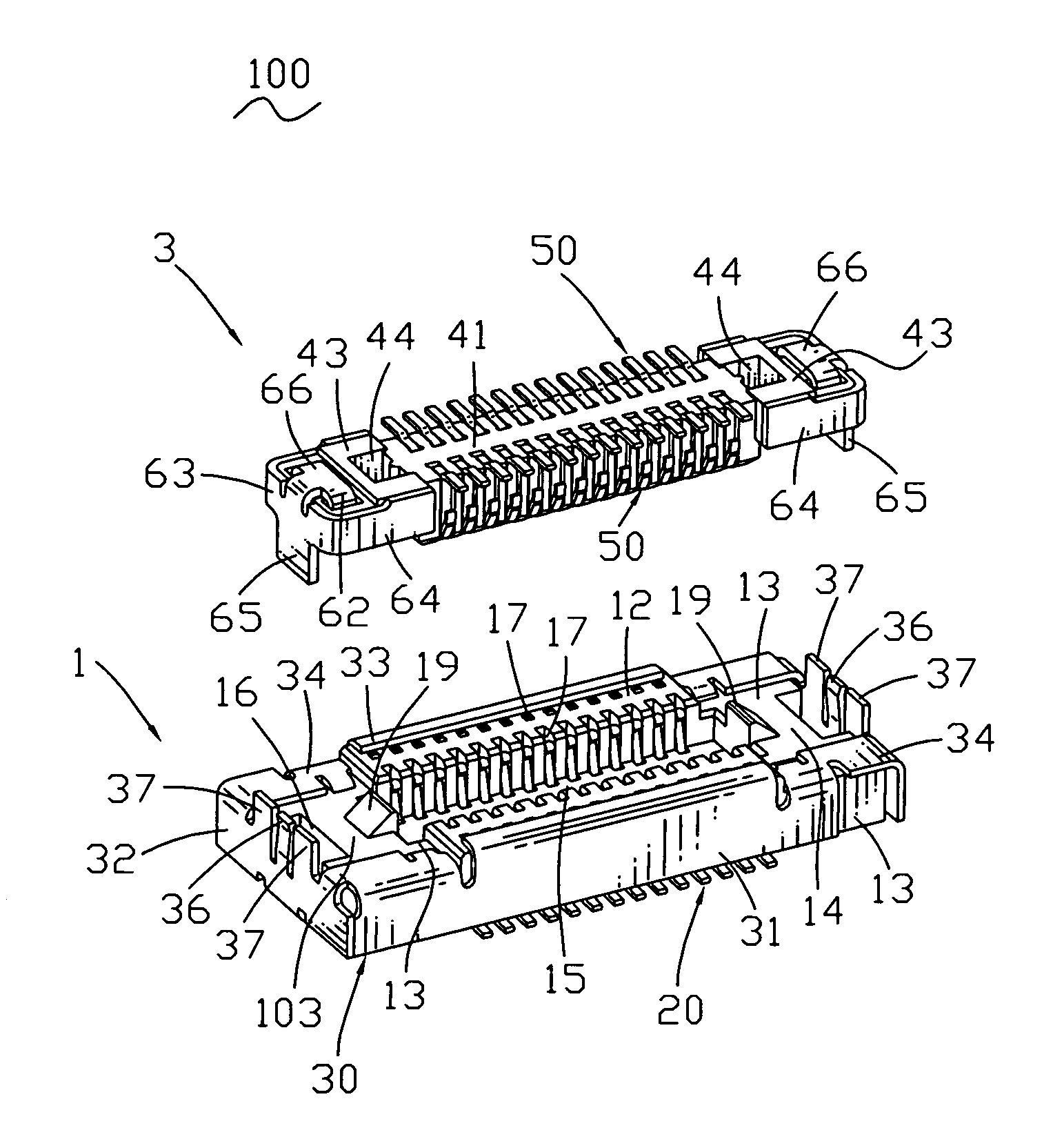 Board-to-board connector assembly with EMI shielding shields