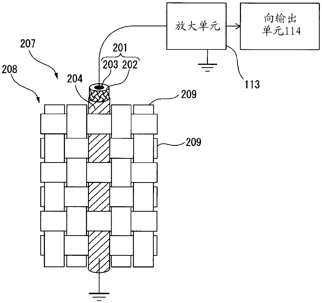 Structure for use in piezoelectric element, braided piezoelectric element, fabric-like piezoelectric element using braided piezoelectric element, and device using these