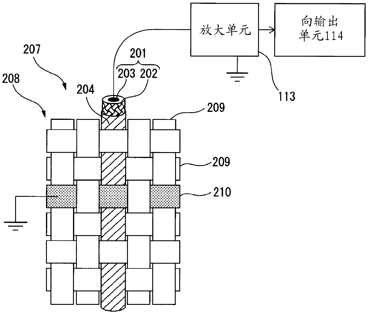 Structure for use in piezoelectric element, braided piezoelectric element, fabric-like piezoelectric element using braided piezoelectric element, and device using these