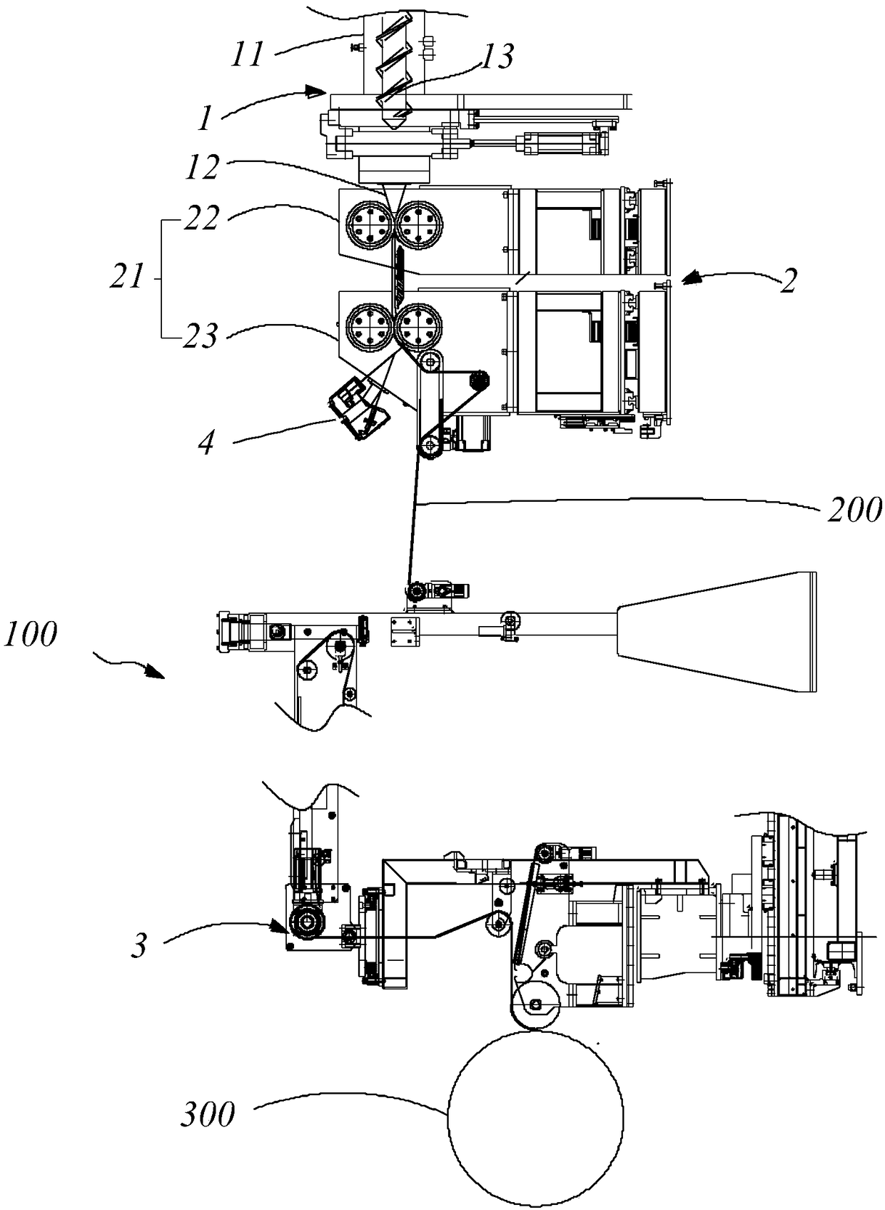 Multistage profiling device for rubber tape, and rubber part winding unit