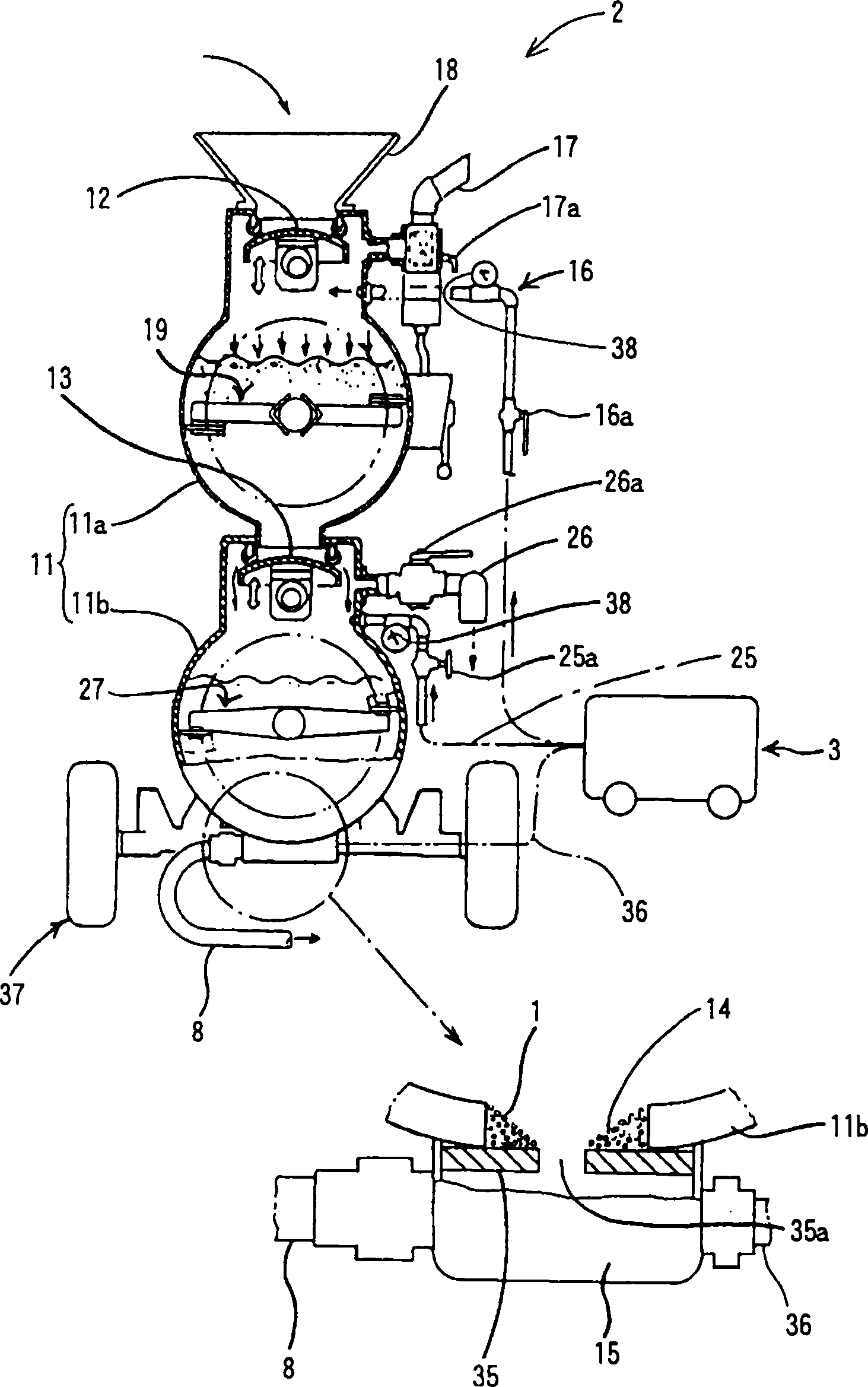 Device for spraying mortar or concrete, and method of spraying mortar or concrete by using the device