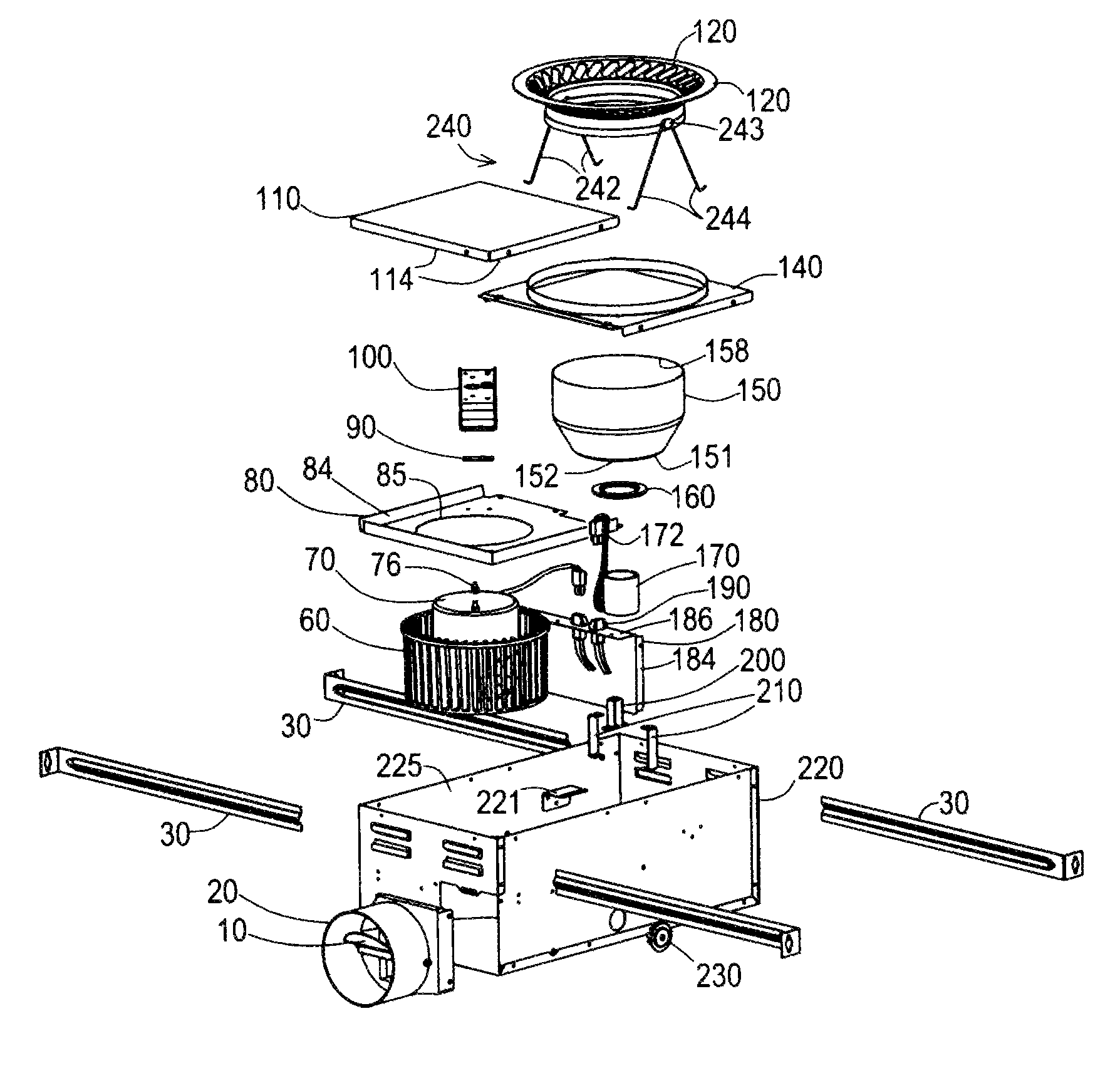 70 CFM bath fan with recessed can and telescoping side suspension brackets